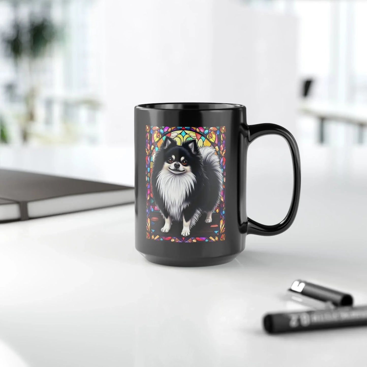 Shop our premium pomeranian black white personalized mug with stained glass design 11oz 15oz from MySisterIsASurvivor.