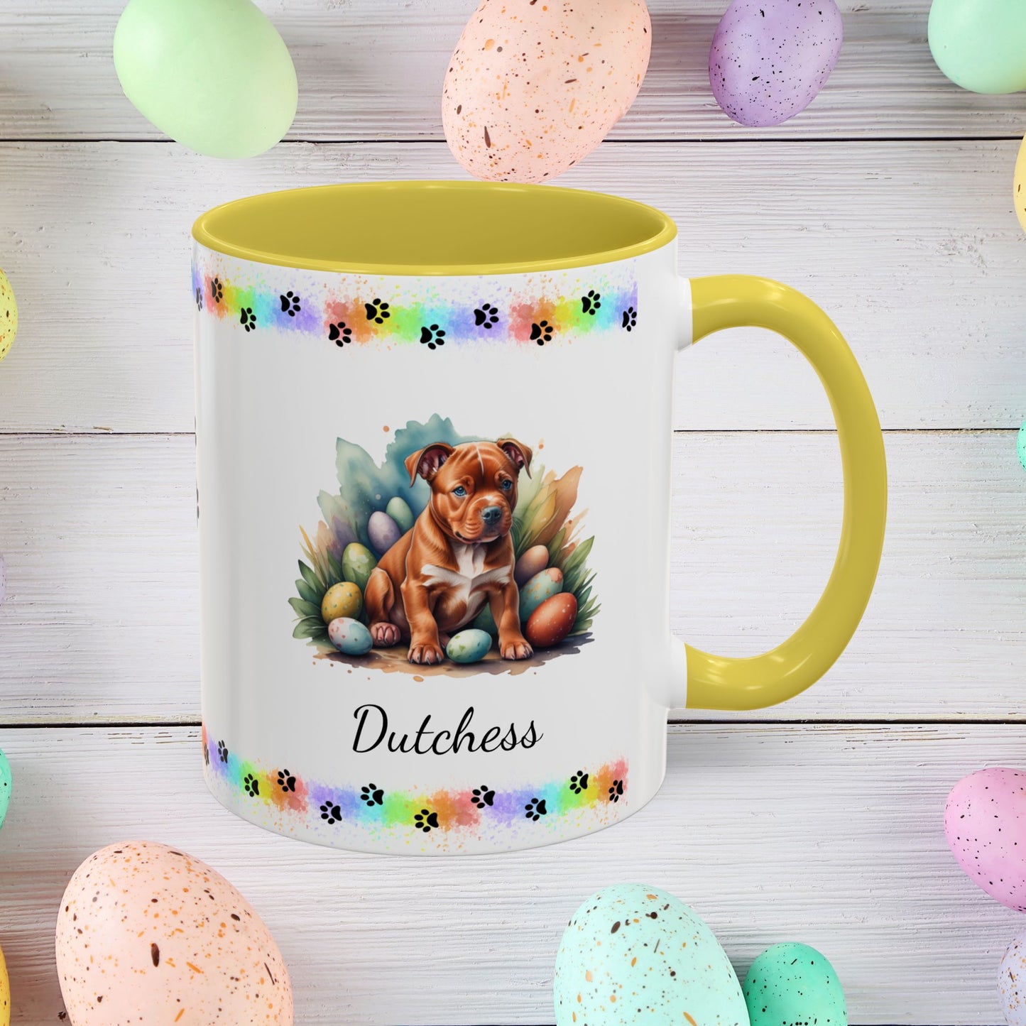 Pitbull Red Easter puppy coffee mug, personalized cute dog gift for mental health awareness and cozy drinks