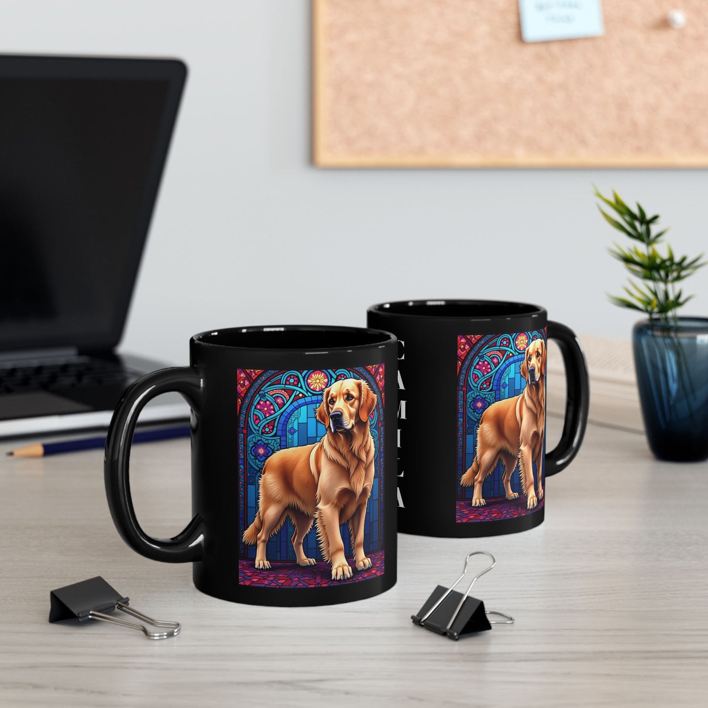 Light Golden Retriever stained glass style coffee mug, personalized dog name gift for Golden fans