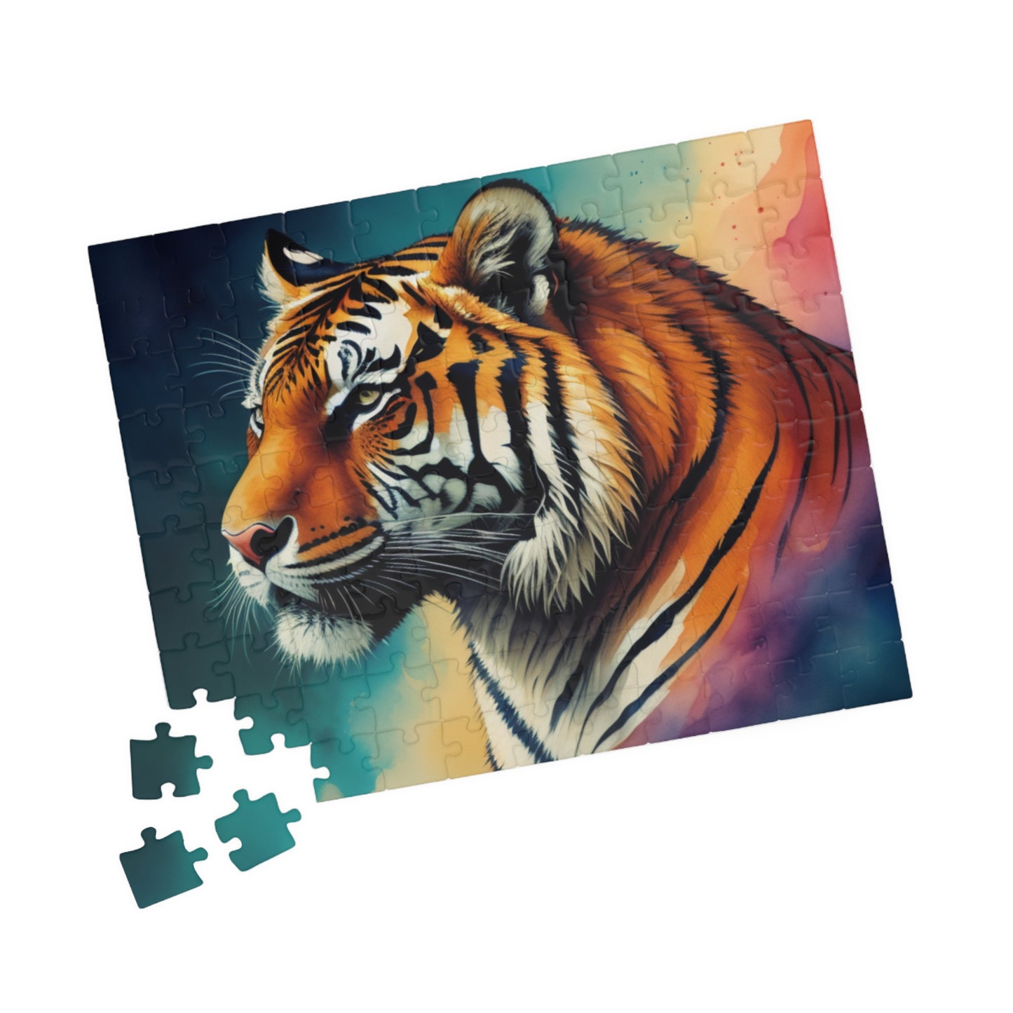 Tiger lying down peacefully, showing detailed striped fur, featured in a tranquil and artistic puzzle