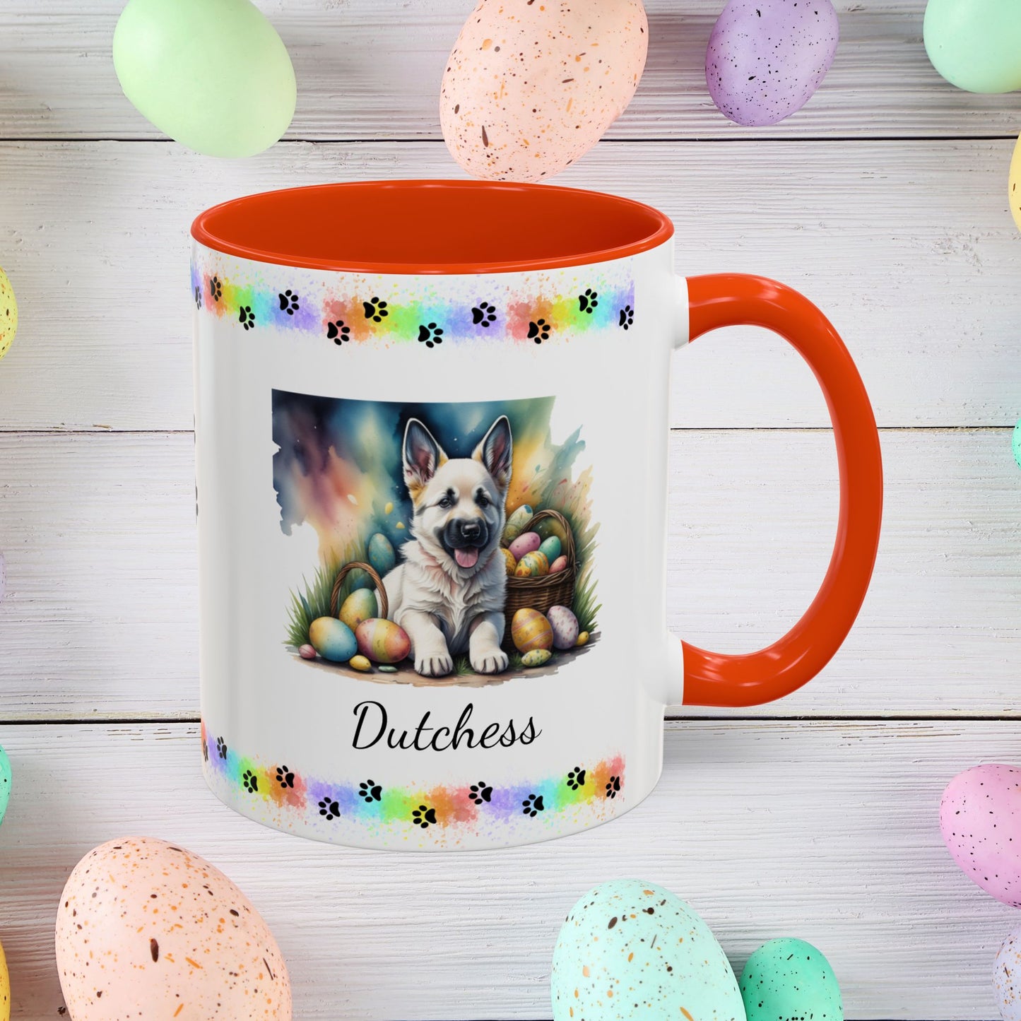 German Shepherd White Easter puppy coffee mug, personalized cute dog gift for mental health awareness and cozy sipping