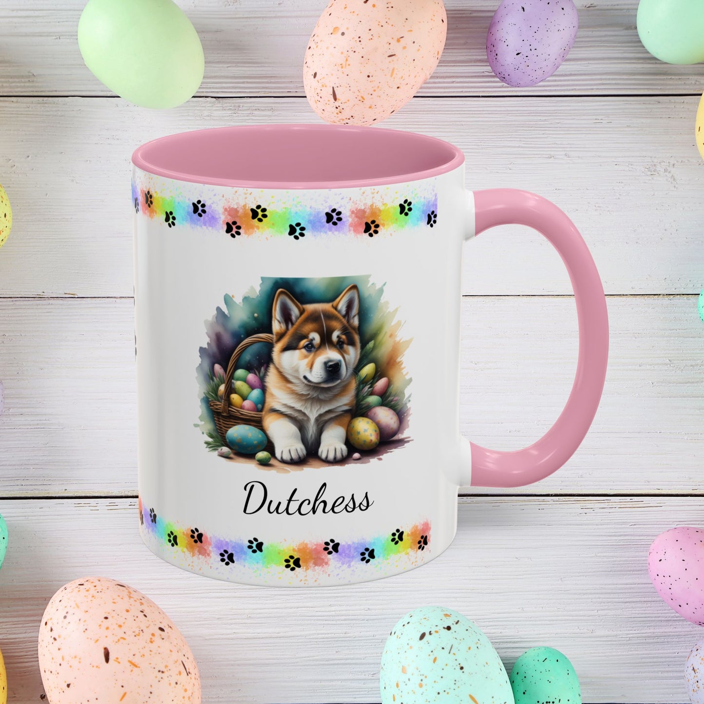 Akita personalized Easter puppy mug, cute dog coffee cup gift for mental health awareness and cozy sipping