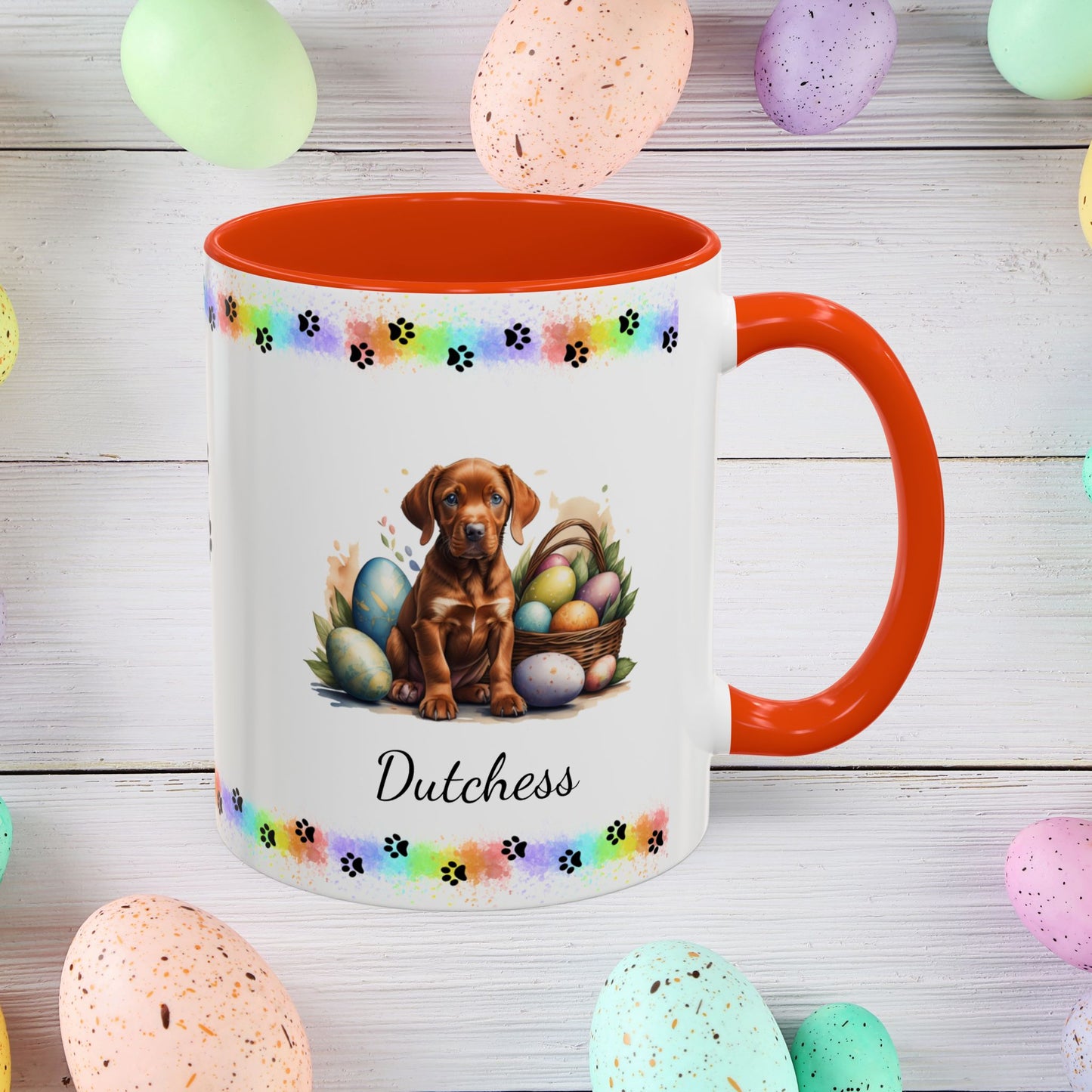 Vizsla Easter puppy coffee mug personalized adorable dog lover gift, great for mindful self-care and Easter gifting.