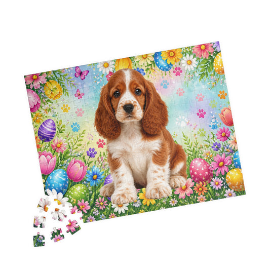 American Cocker Spaniel (Red & White) Easter Puppy Puzzle - Spring Garden with Eggs, Tulips, and Daisies