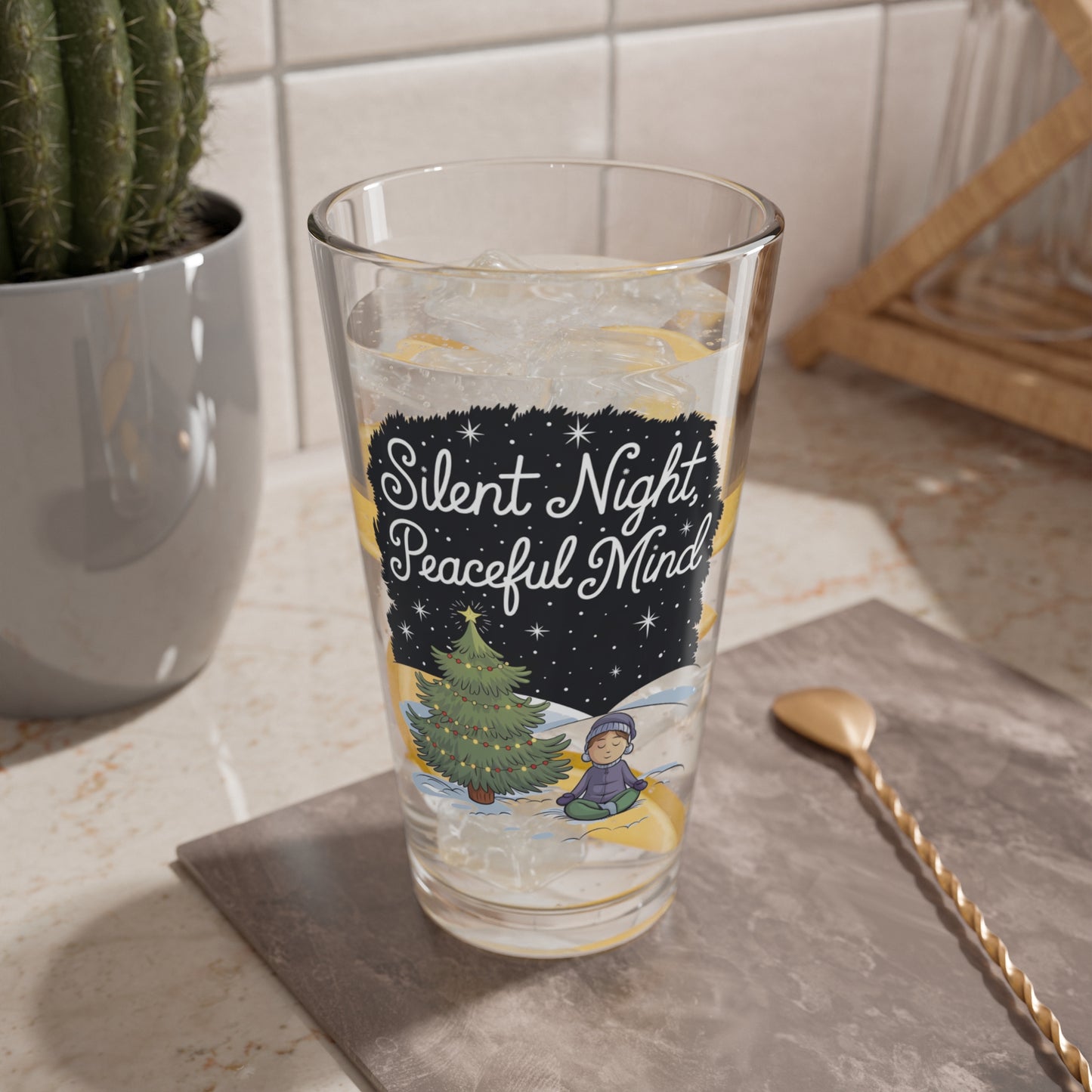 Silent Night, Peaceful Mind, Christmas Pint Glass, 16oz