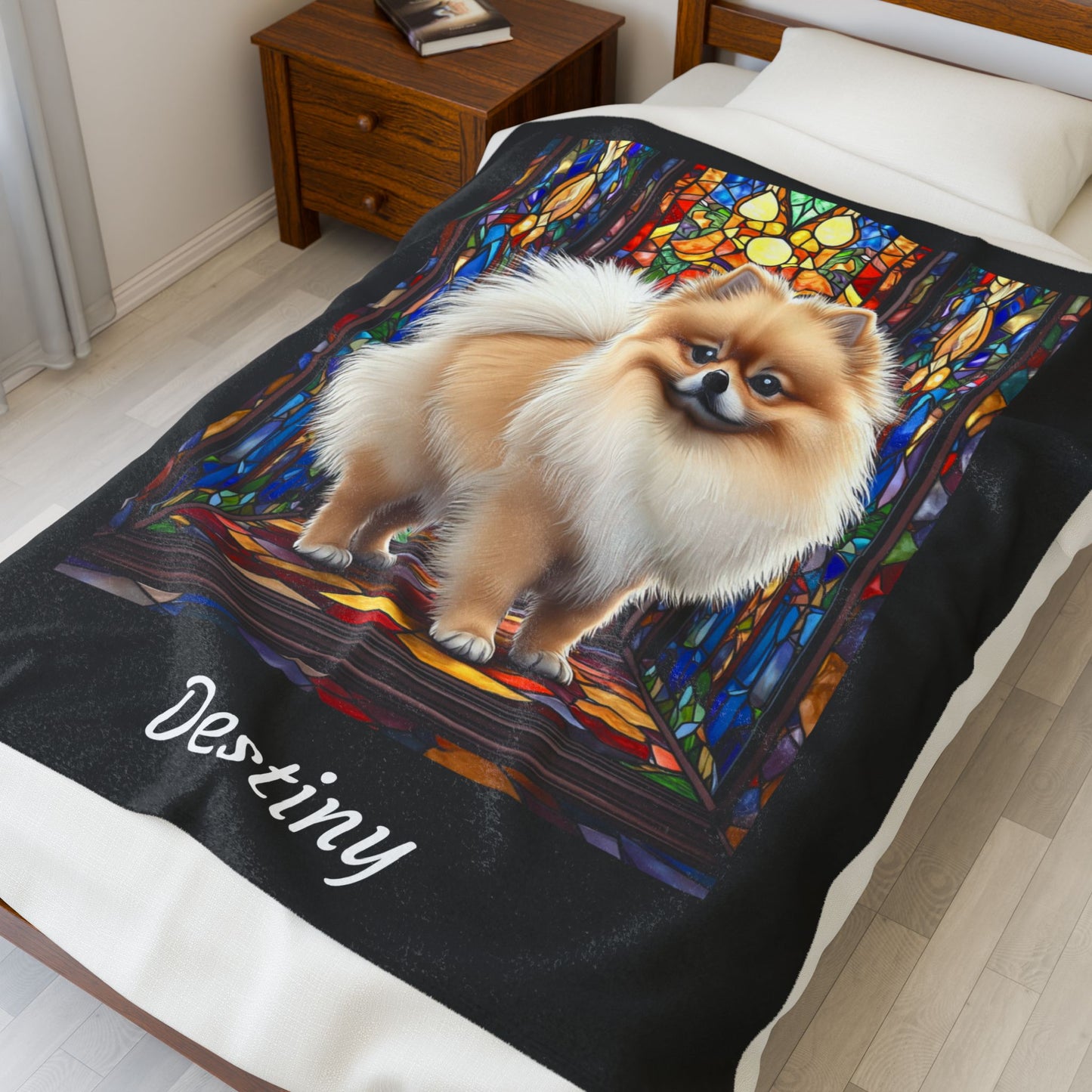 Pomeranian Cream Sable - Velveteen Plush Stained Glass Dog Blanket - Custom Dog Blanket, Pomeranian Lover Gift