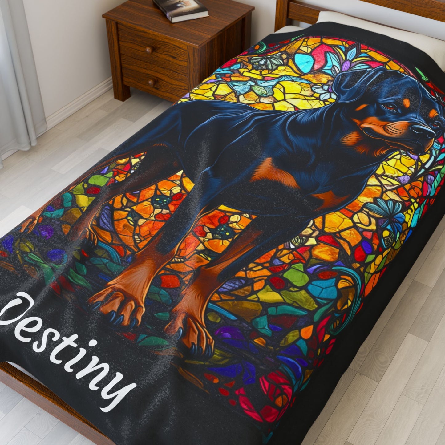 Rottweiler Black & Rust Coat Blanket, Velveteen Plush Stained Glass Dog Throw, Custom Pet Lover Gift