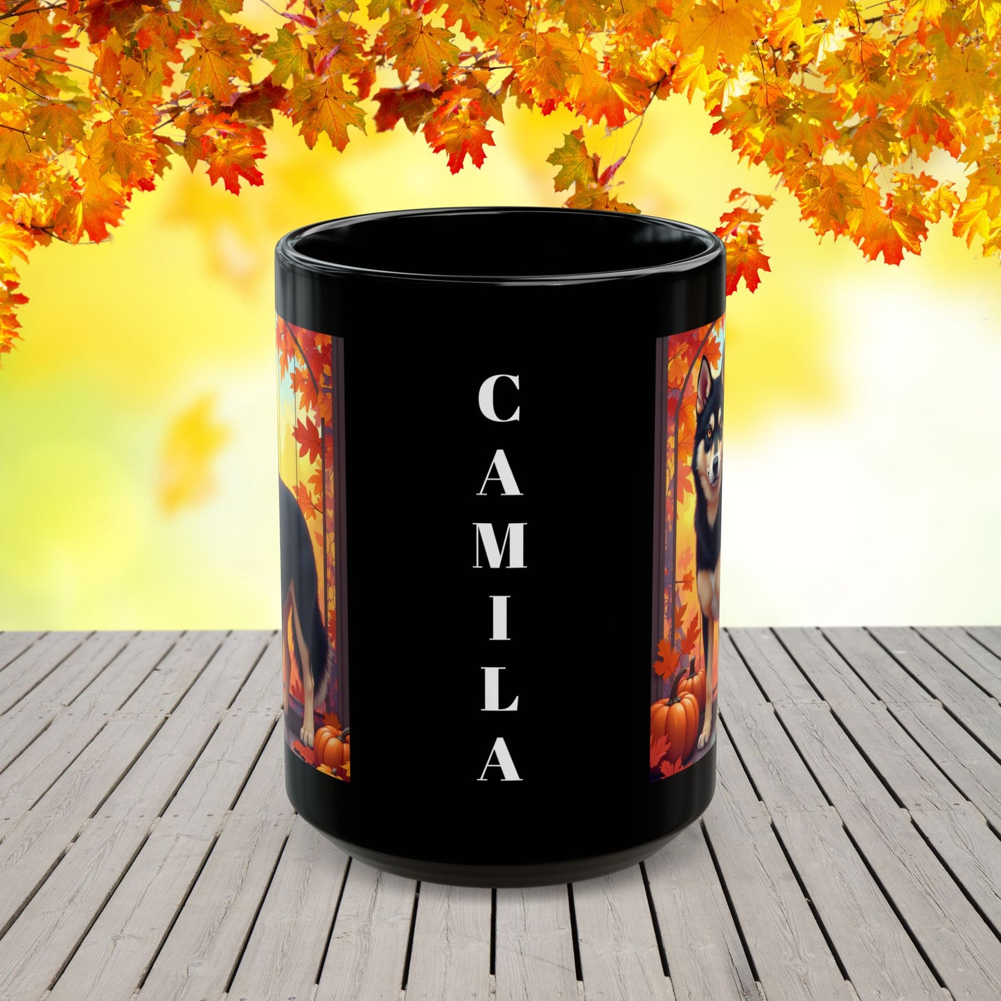 Black & Tan Husky (Amber Eyes) autumn coffee mug, personalized dog lover gift for fall and cozy drinks