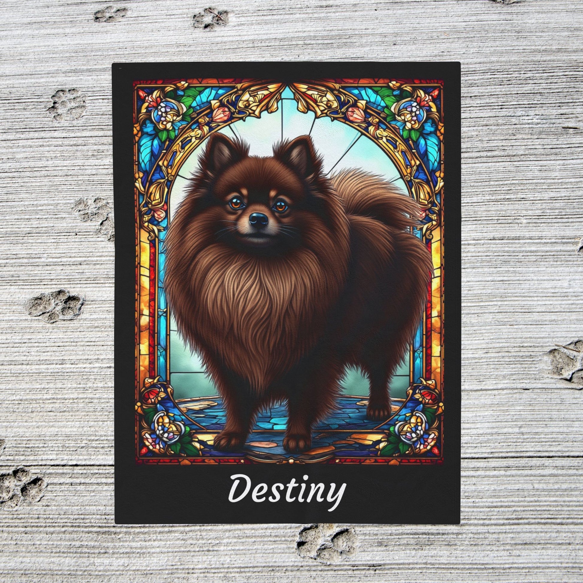 Pomeranian Chocolate Coat Blanket, Velveteen Plush Stained Glass Dog Art Throw, Custom Gift for Humans