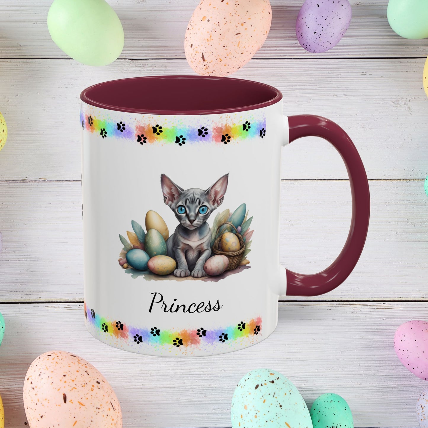 Sphynx personalized Easter coffee mug, adorable kitten design, cute cat gift for mental health support