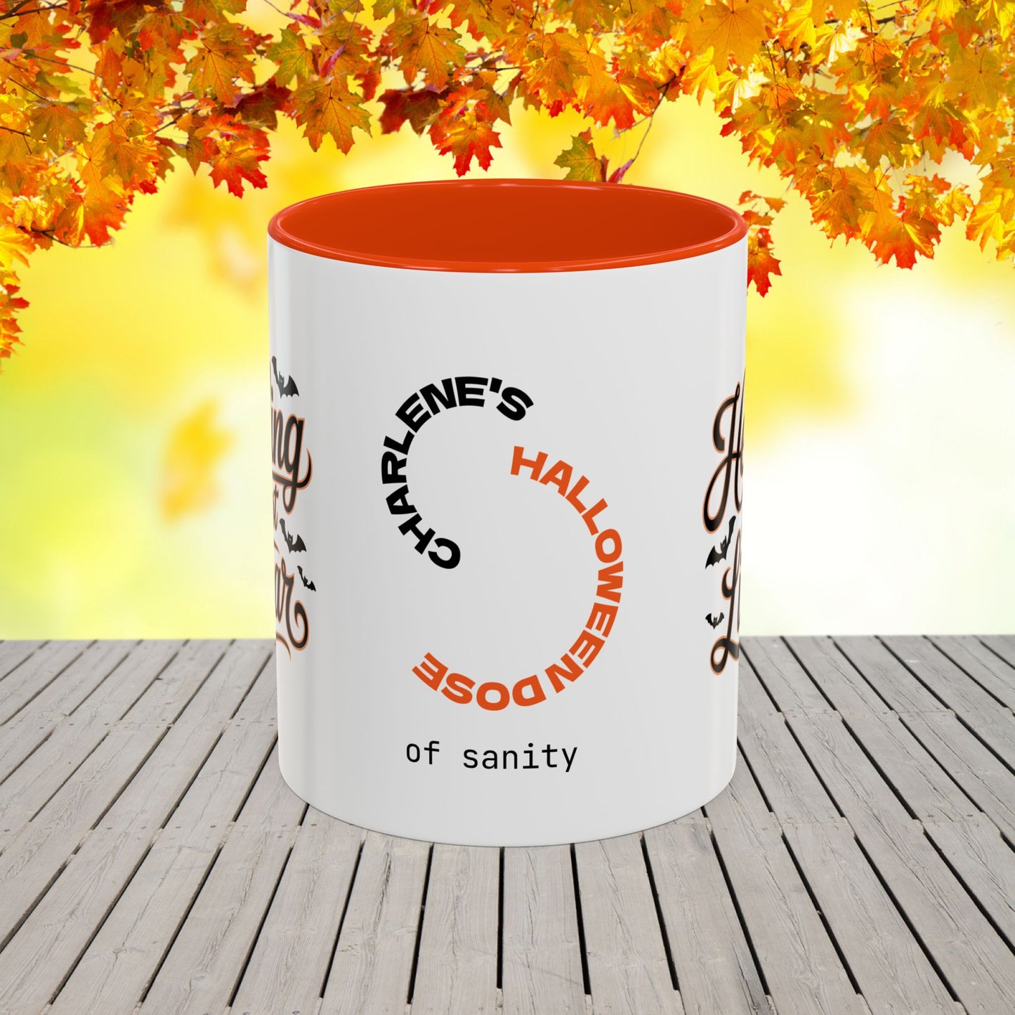 Personalized Halloween self-care mug with “Healing Is Not Linear” quote, mental health awareness gift with custom name.