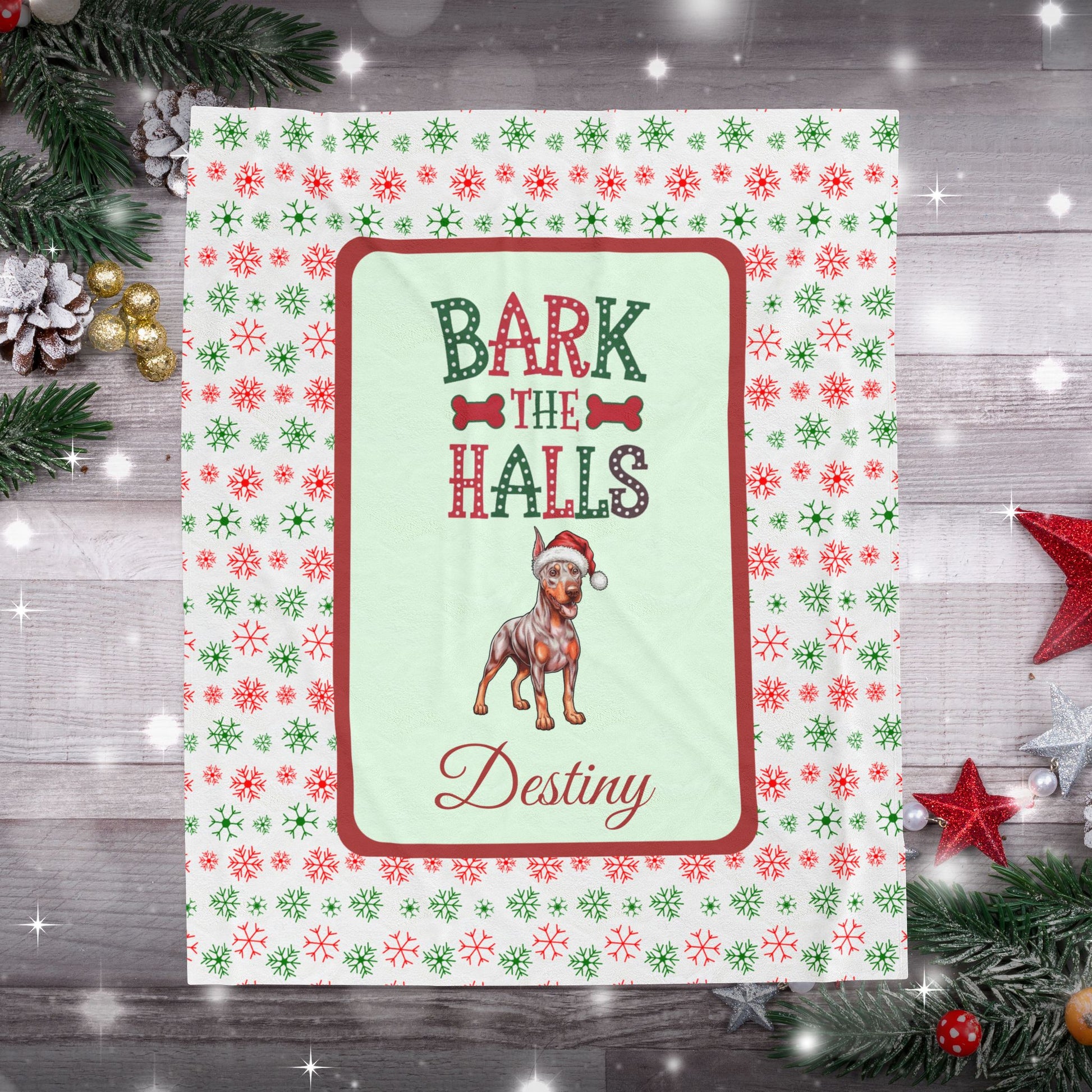 Doberman Pinscher Fawn Isabella and Rust velveteen holiday dog blanket Bark The Halls cozy Christmas throw
