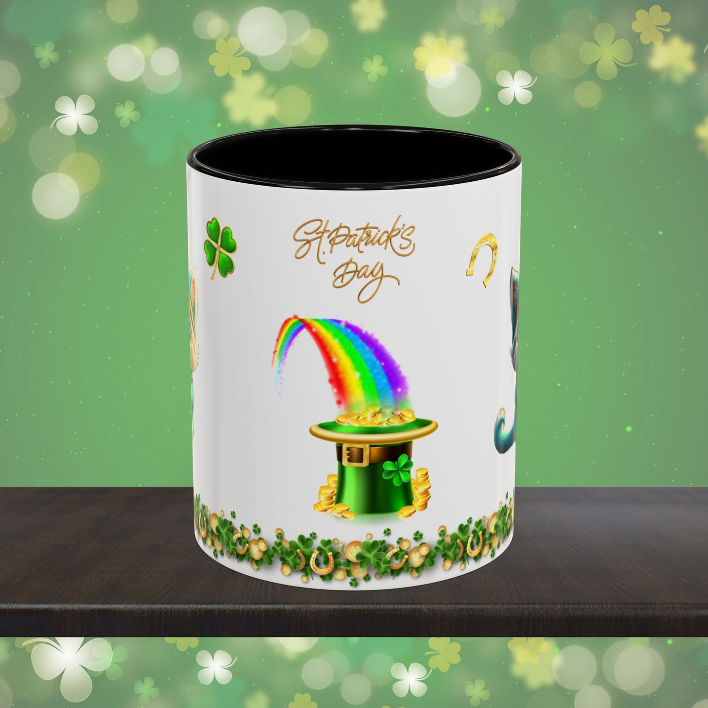 Serene Shamrock Kitty: St. Patrick's Day Two-Tone Coffee Mug - Festive Ceramic Mug for Positivity & Mindfulness
