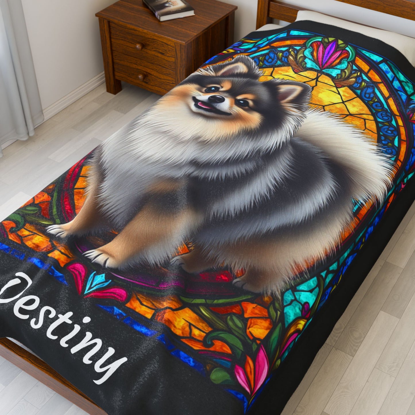 Pomeranian Wolf Sable Coat Blanket, Velveteen Plush Stained Glass Dog Throw, Unique Dog Lover Gift