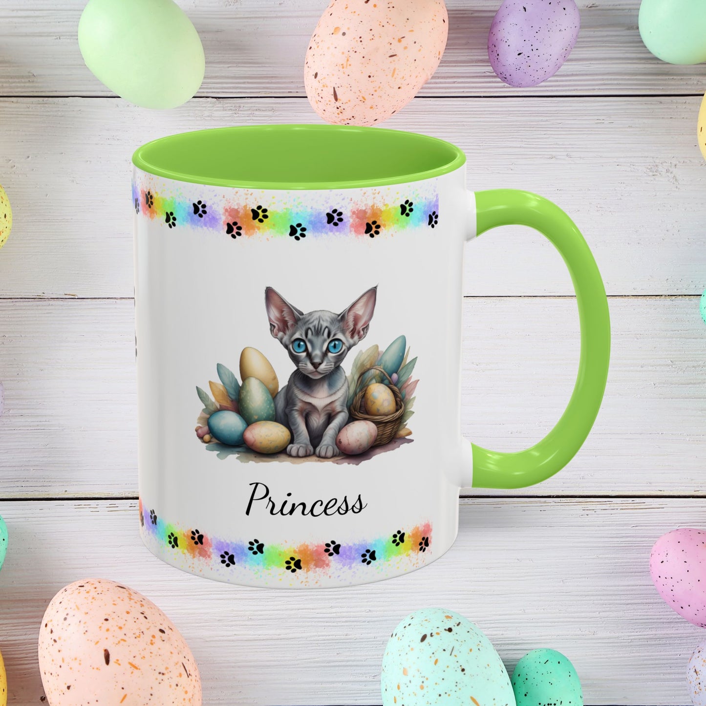 Sphynx personalized Easter coffee mug, adorable kitten design, cute cat gift for mental health support