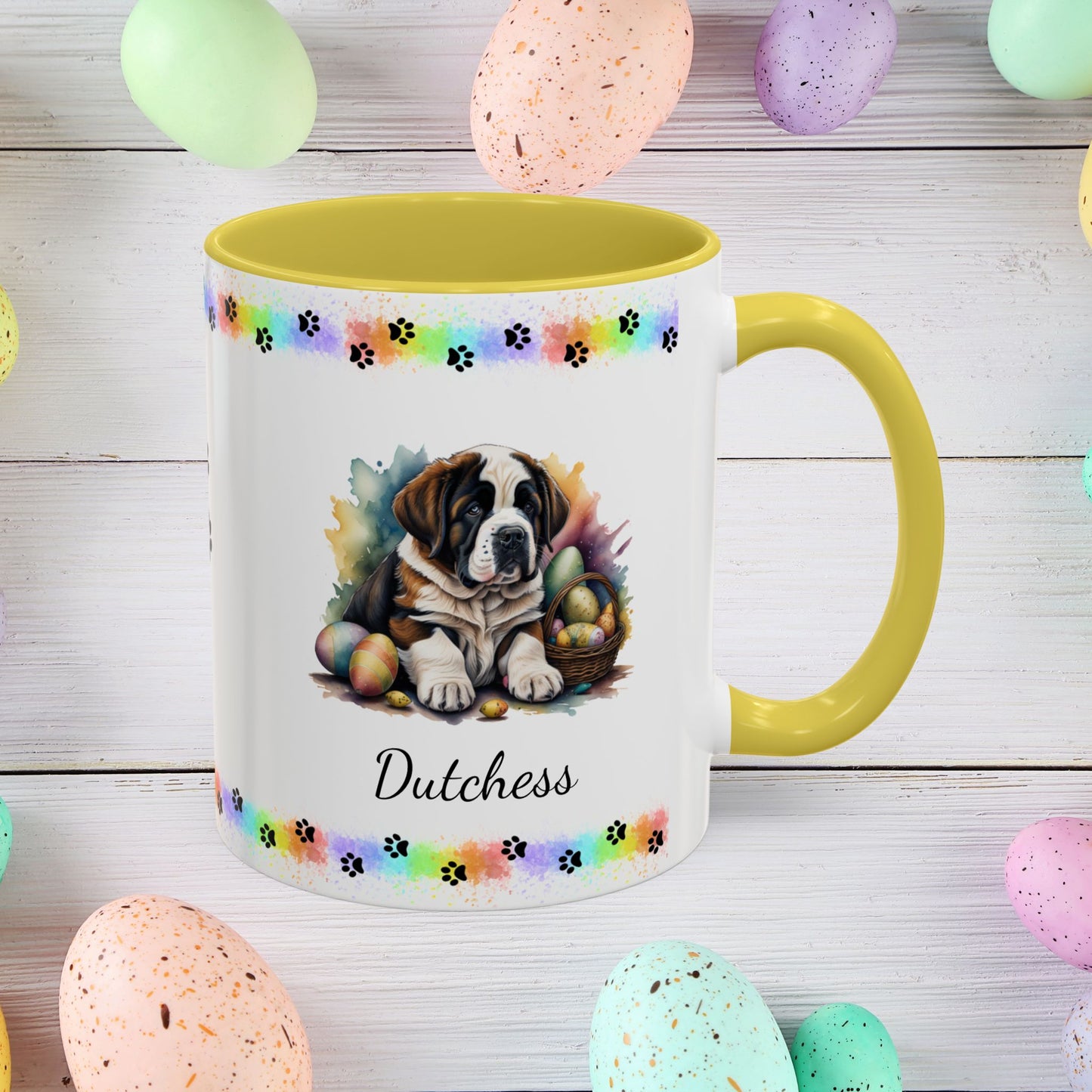 Saint Bernard Easter puppy coffee mug personalized for dog lovers, promoting comfort, calm, and joyful Easter mornings.