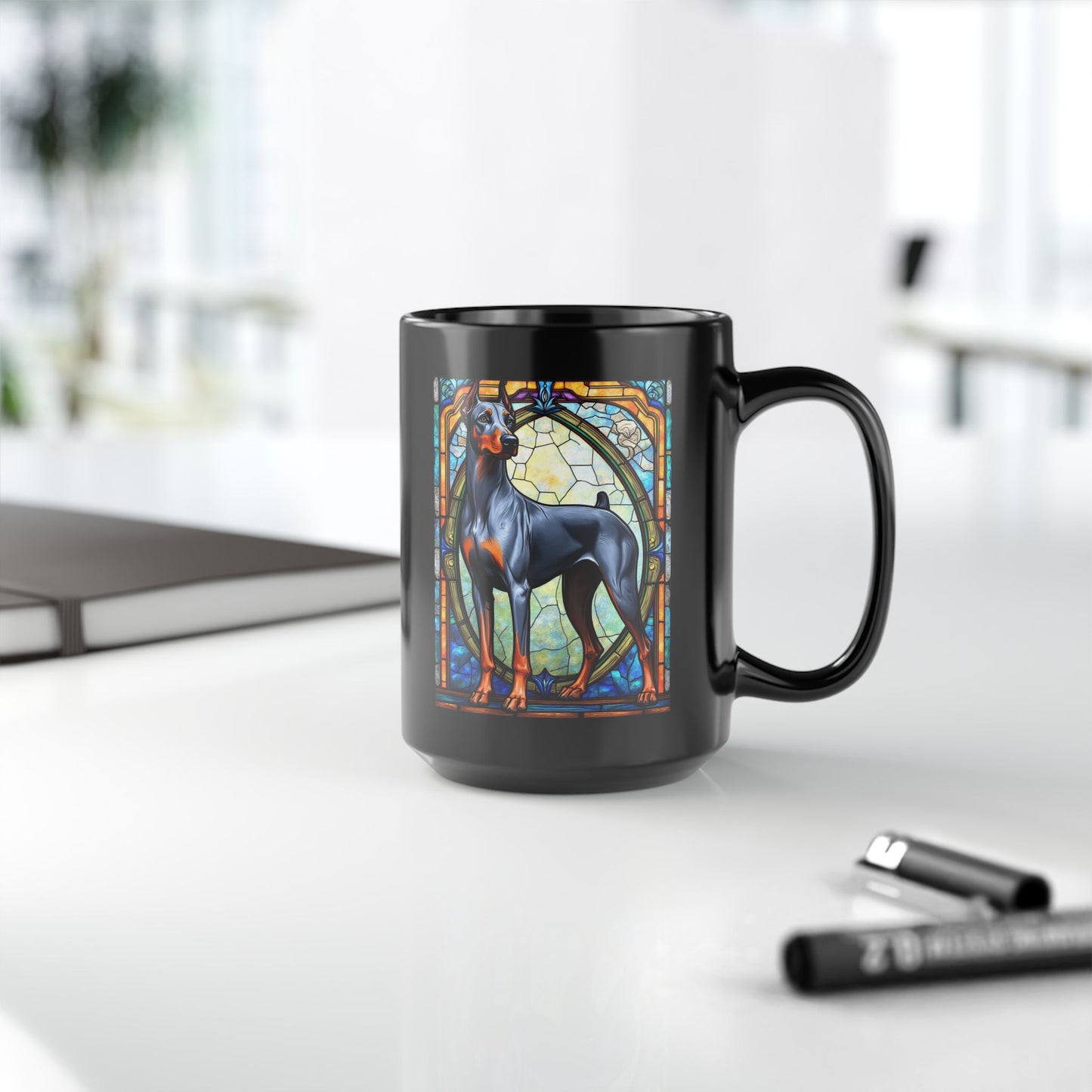 Doberman blue and rust personalized mug, stained glass coffee cup for dog lovers and pet parents