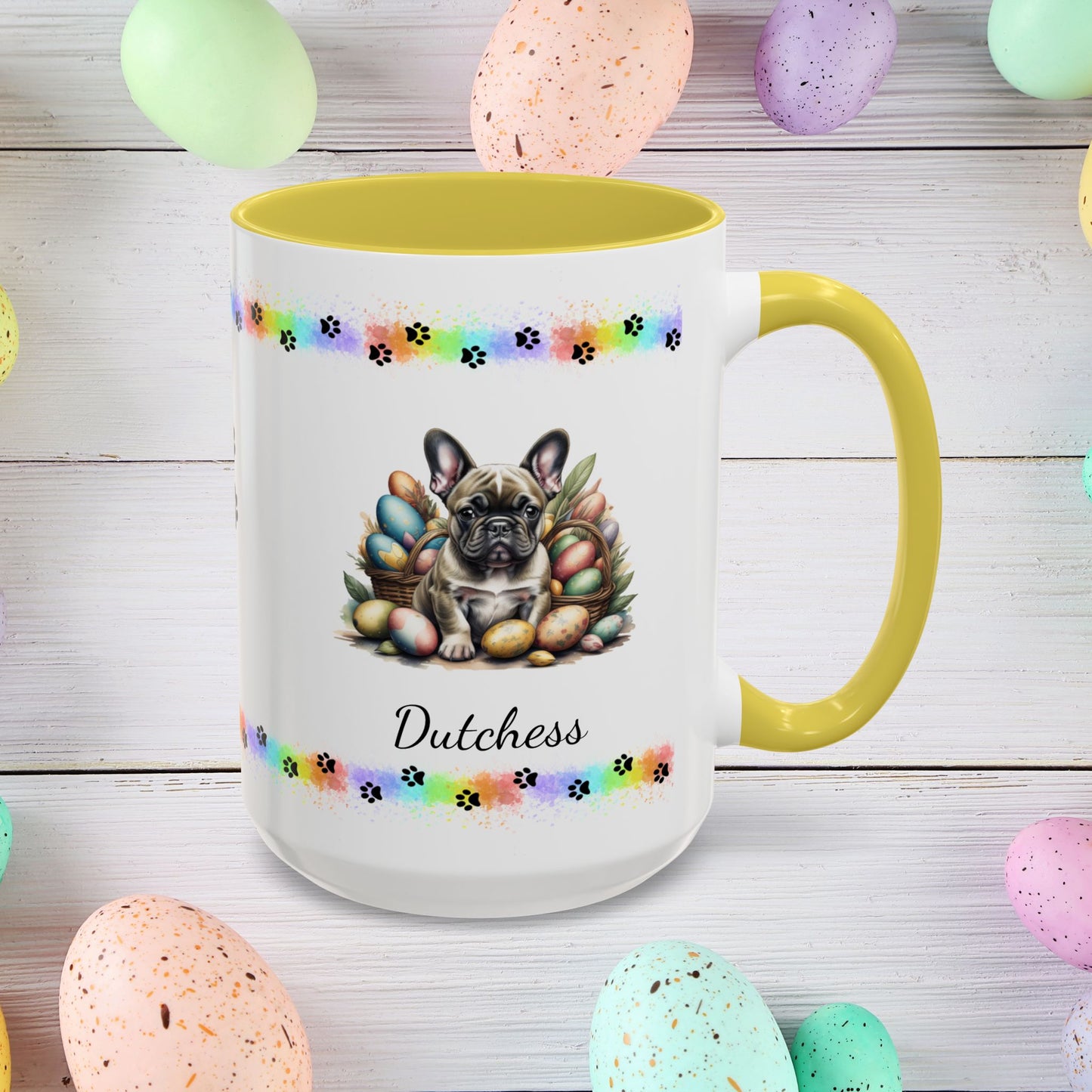 French Bulldog Brindle Easter puppy coffee mug, personalized cute dog gift for mental health support and comfort
