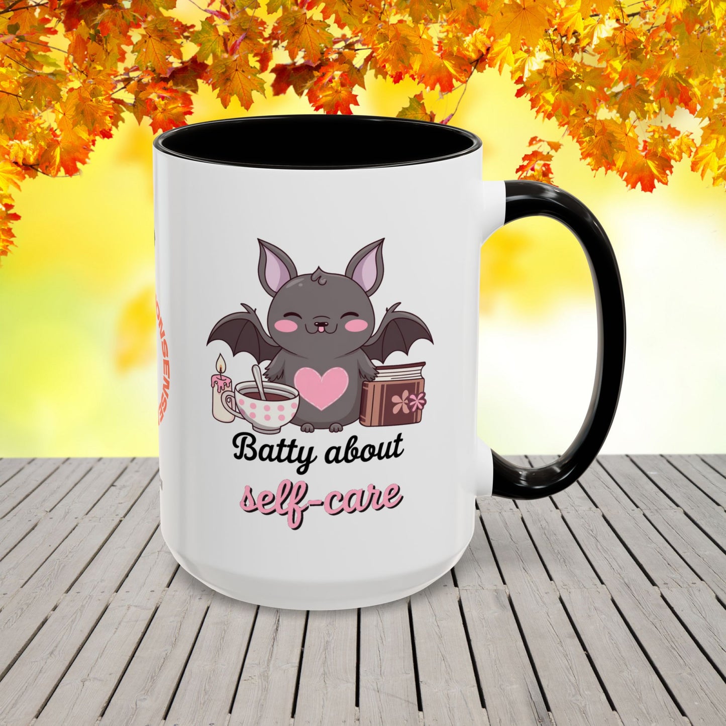 Halloween mug with bat-themed design and self-care message, promoting anxiety relief and mental health awareness