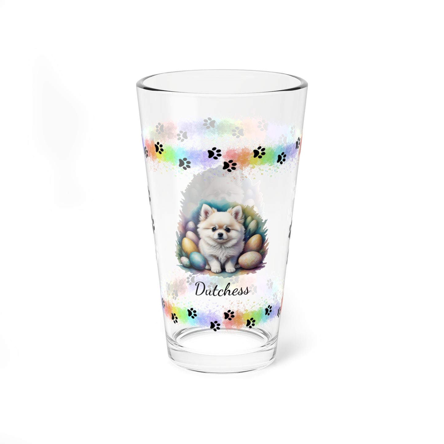 Pomeranian (White) Personalized Easter Puppy 16oz Pint Glass - Custom Dog Design, Mental Health Gift, Easter Décor, and Festive Celebrations