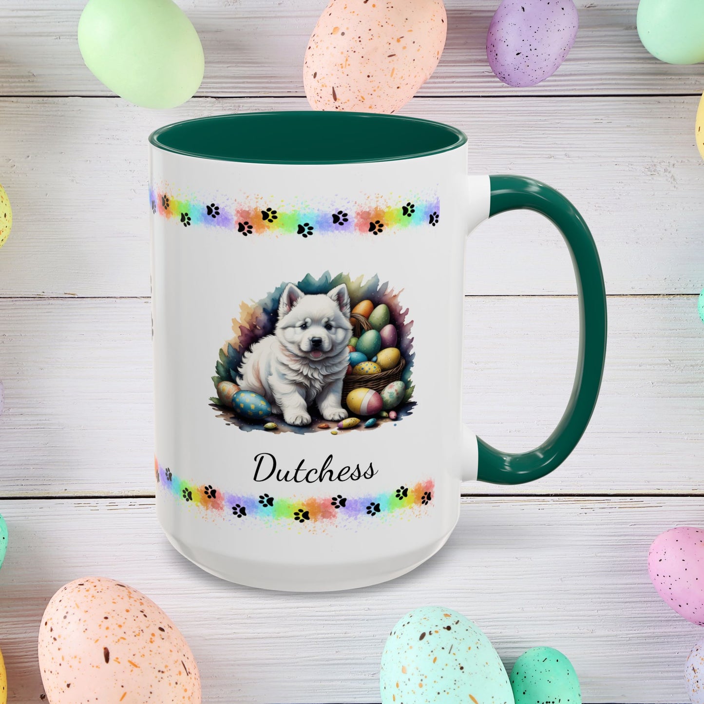 Samoyed Easter puppy coffee mug personalized dog design, cozy mental health gift for spring and daily mindfulness.