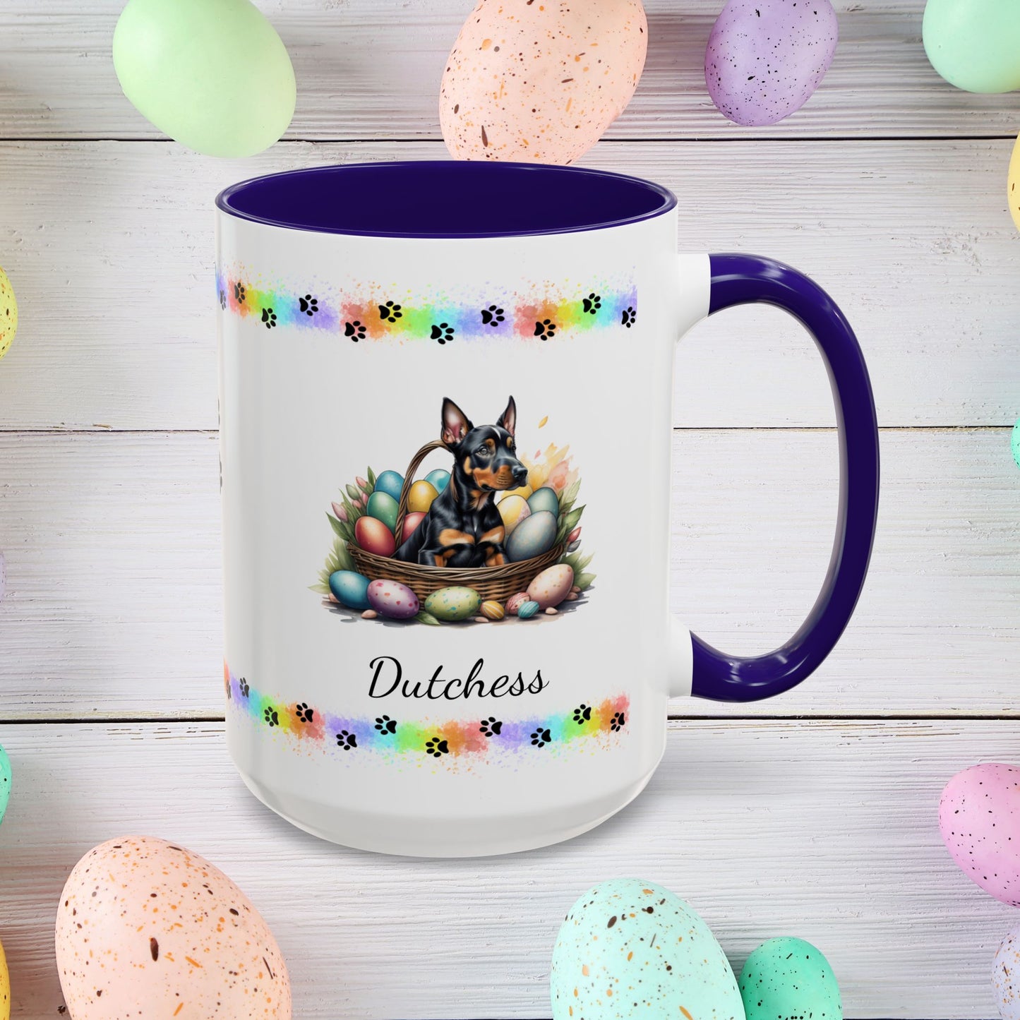 Doberman personalized Easter puppy mug, cute dog coffee cup gift for mental health awareness and comfort