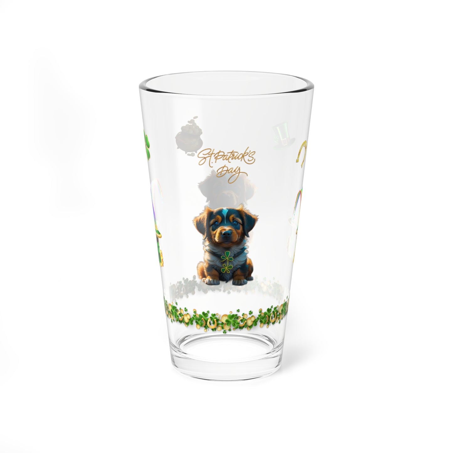 Pup-tastic Serenity: Mindful St. Patrick's Day 16oz Pint Glasses - Festive Design for Positivity & Wellness