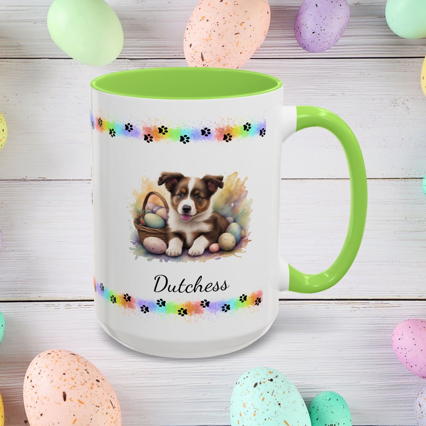 Border Collie Brown & White personalized Easter puppy mug, cute dog coffee cup, mental health awareness gift