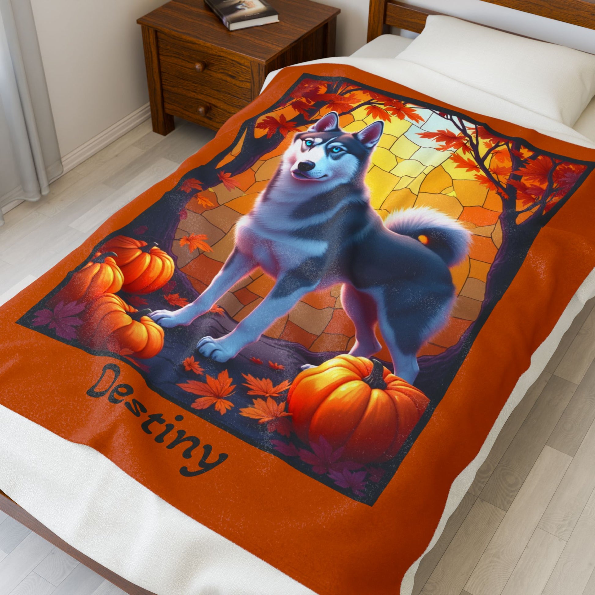 Siberian Husky Dark Grey Coat (Blue Eyes) Velveteen Plush Blanket, Personalized Dog Throw