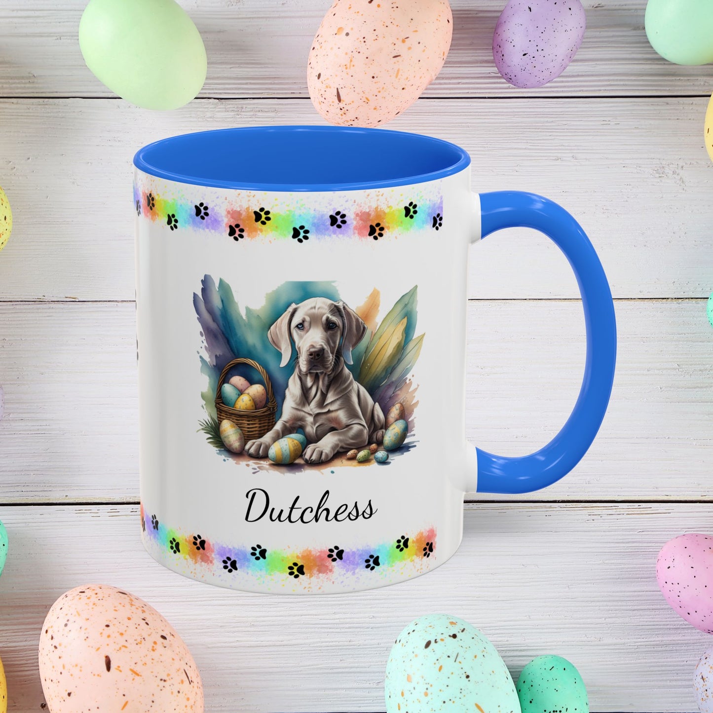 Weimaraner taupe Easter puppy coffee mug personalized dog design, ideal for promoting calm, comfort, and spring cheer.
