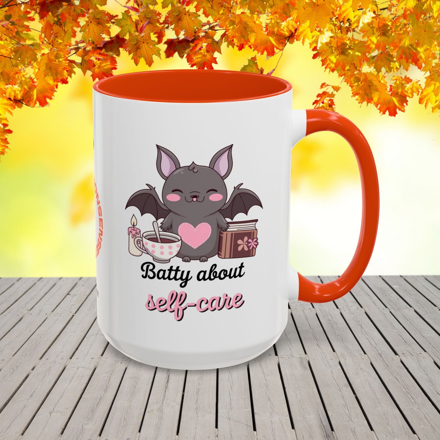Halloween mug with bat-themed design and self-care message, promoting anxiety relief and mental health awareness
