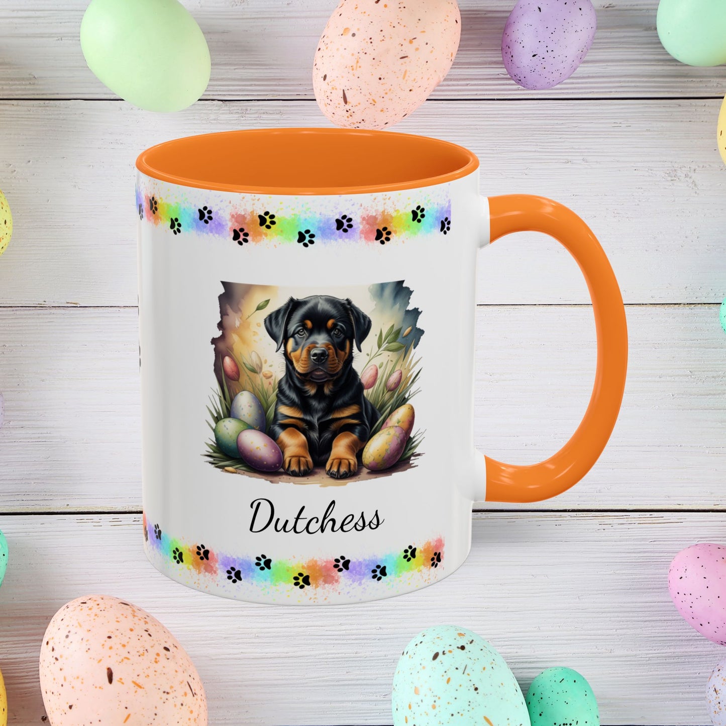 Rottweiler Easter puppy coffee mug personalized dog design, thoughtful gift for self-care and mental health awareness.
