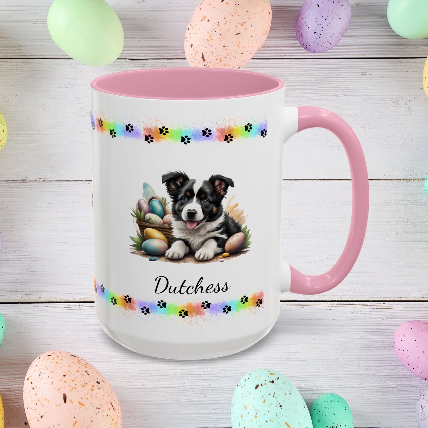 Border Collie Black & White Easter puppy coffee mug, personalized cute dog gift for mental health support