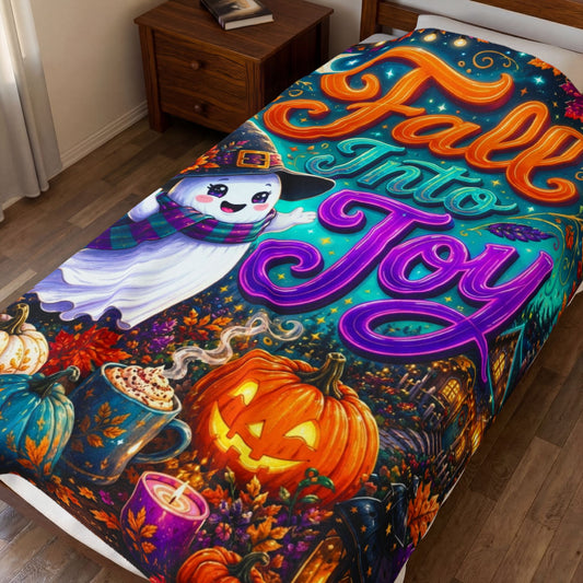 Fall Into Joy Velveteen Blanket - Ghost with Arms Raised in Delight with Pumpkins and Cozy Cottage
