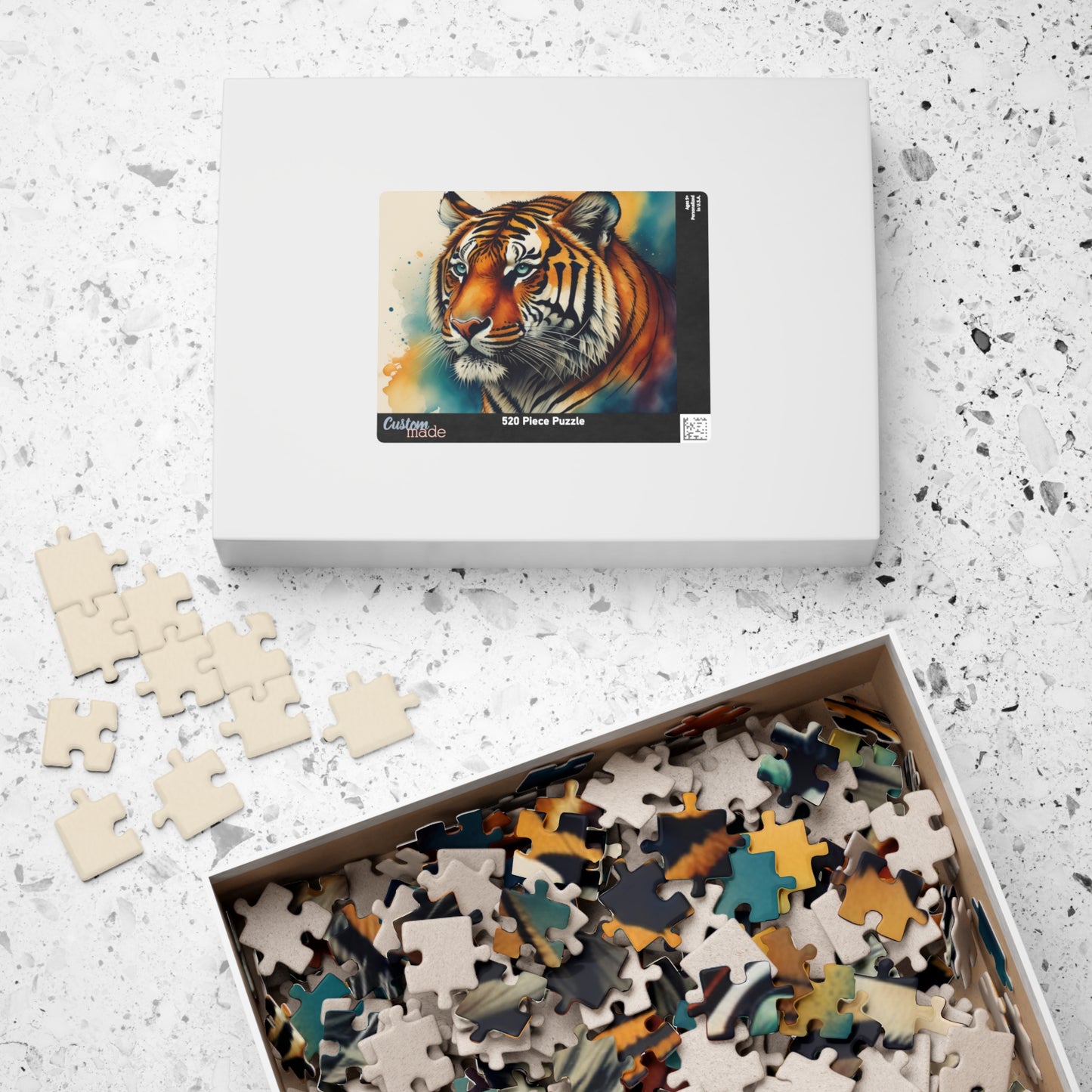 Thrive with the Tiger - Watercolor Tiger Puzzle with Teal Eyes and Warm Amber Washes on White