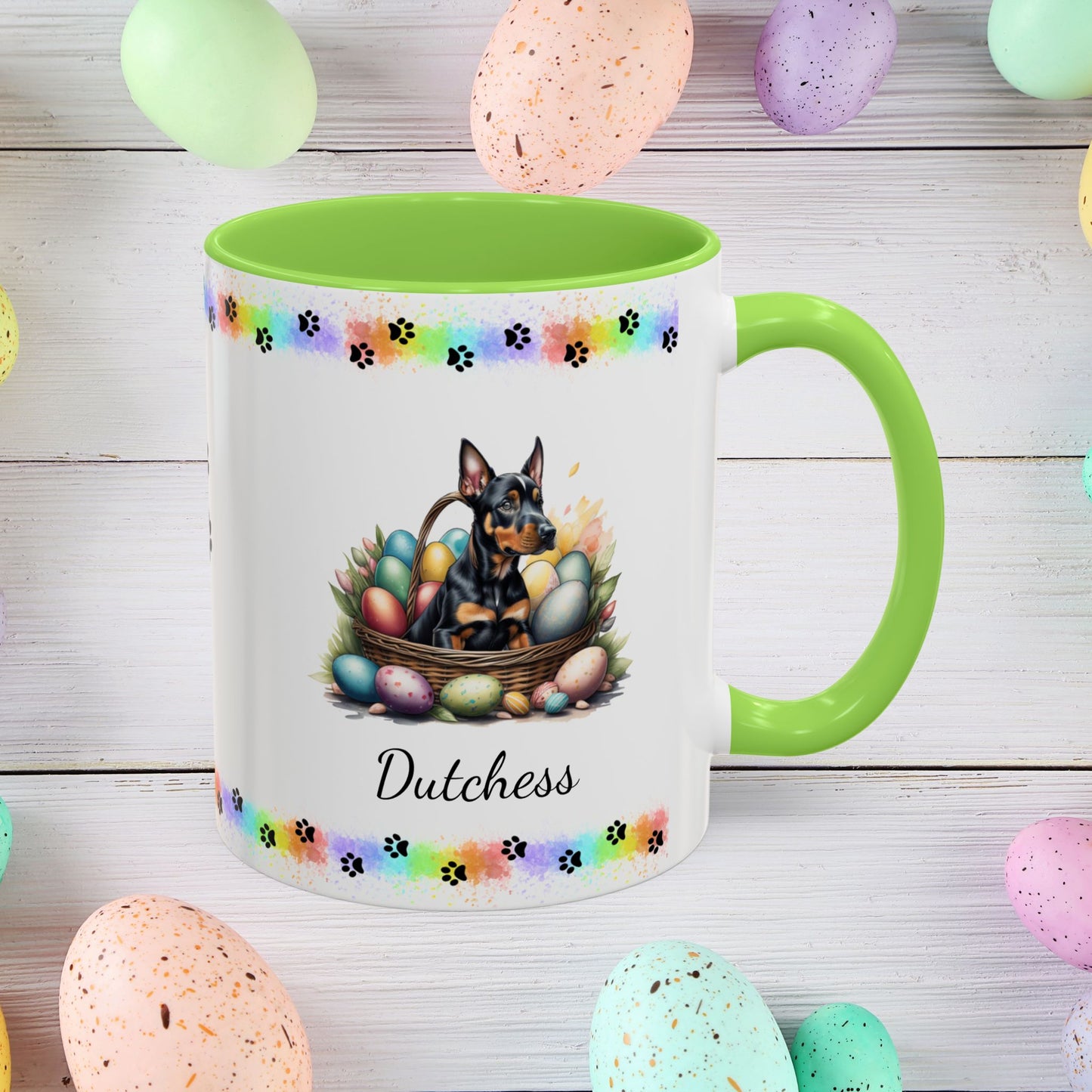 Doberman personalized Easter puppy mug, cute dog coffee cup gift for mental health awareness and comfort