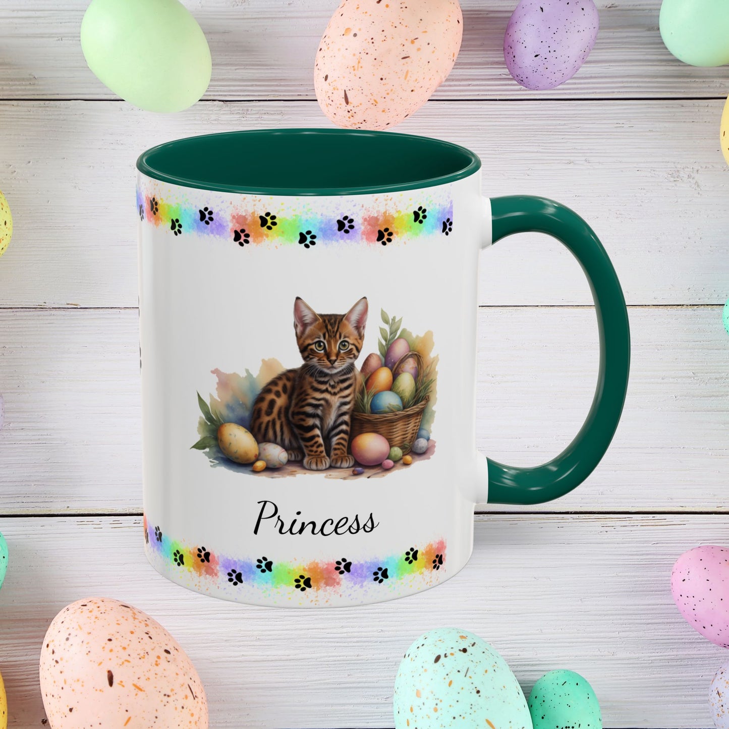 Bengal personalized Easter coffee mug, adorable kitten design, cute cat gift for mental health awareness and comfort