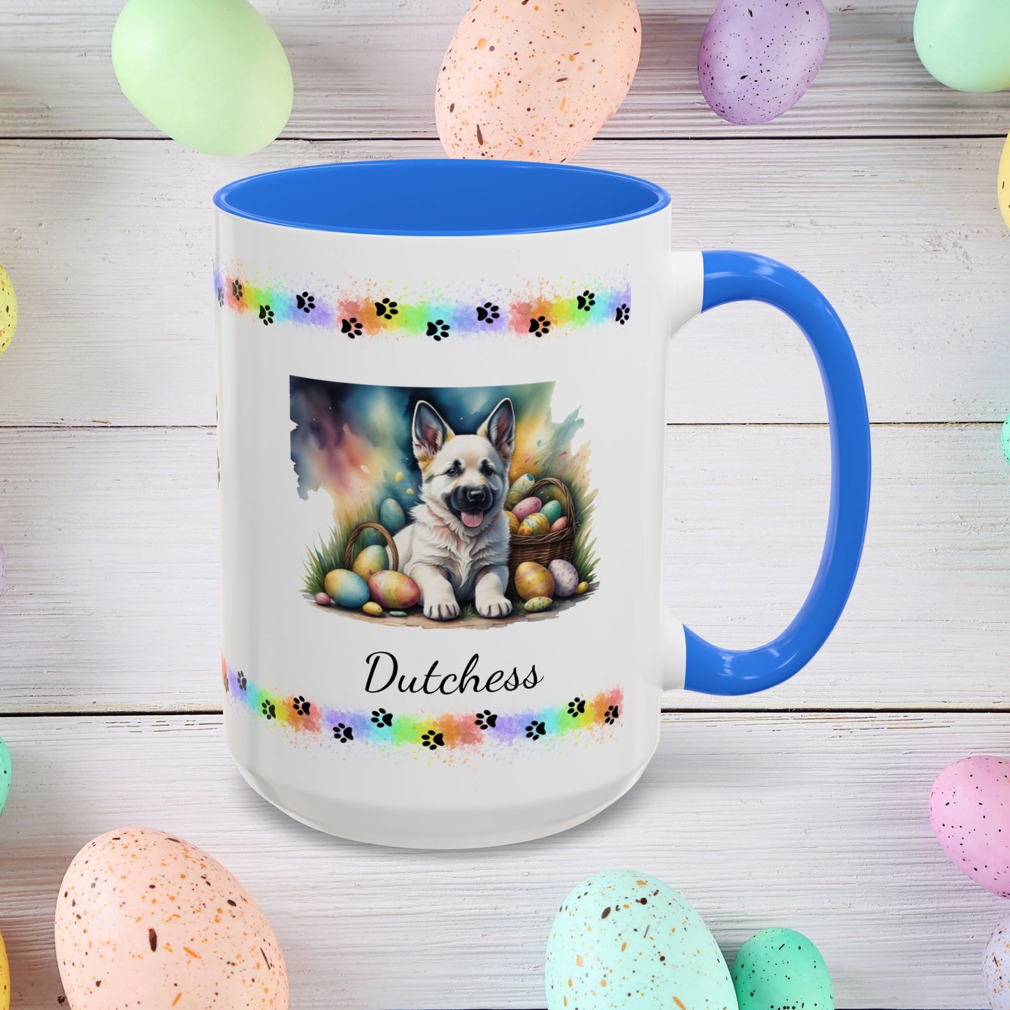 German Shepherd White Easter puppy coffee mug, personalized cute dog gift for mental health awareness and cozy sipping
