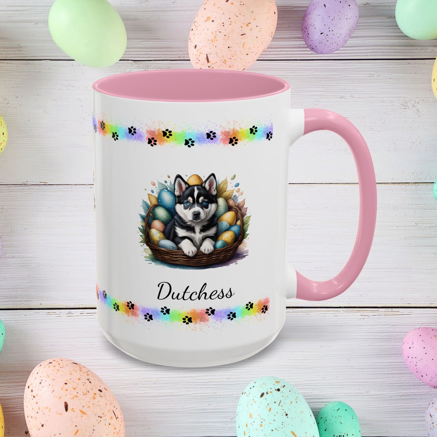 Siberian Husky Easter puppy coffee mug personalized cute dog design, uplifting gift for springtime mental health support.