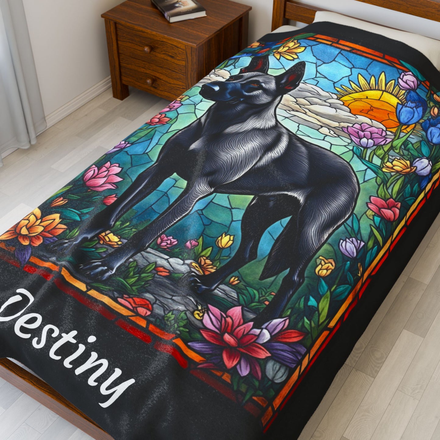 Belgian Malinois Gray - Velveteen Plush Stained Glass Dog Blanket - Custom Malinois Pet Blanket, Dog Lover Throw