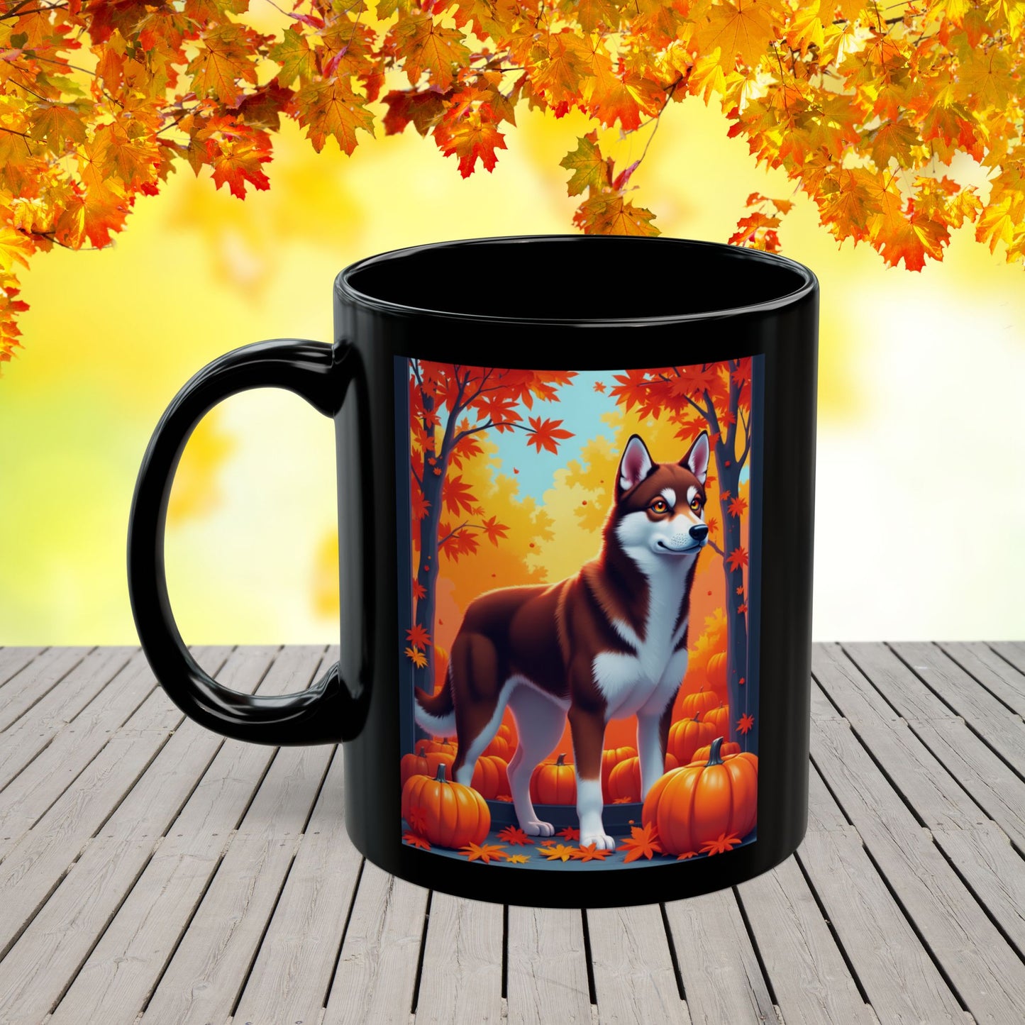 Dark Red & White Husky (Amber Eyes) autumn mug, personalized coffee cup for Husky parents and dog lovers