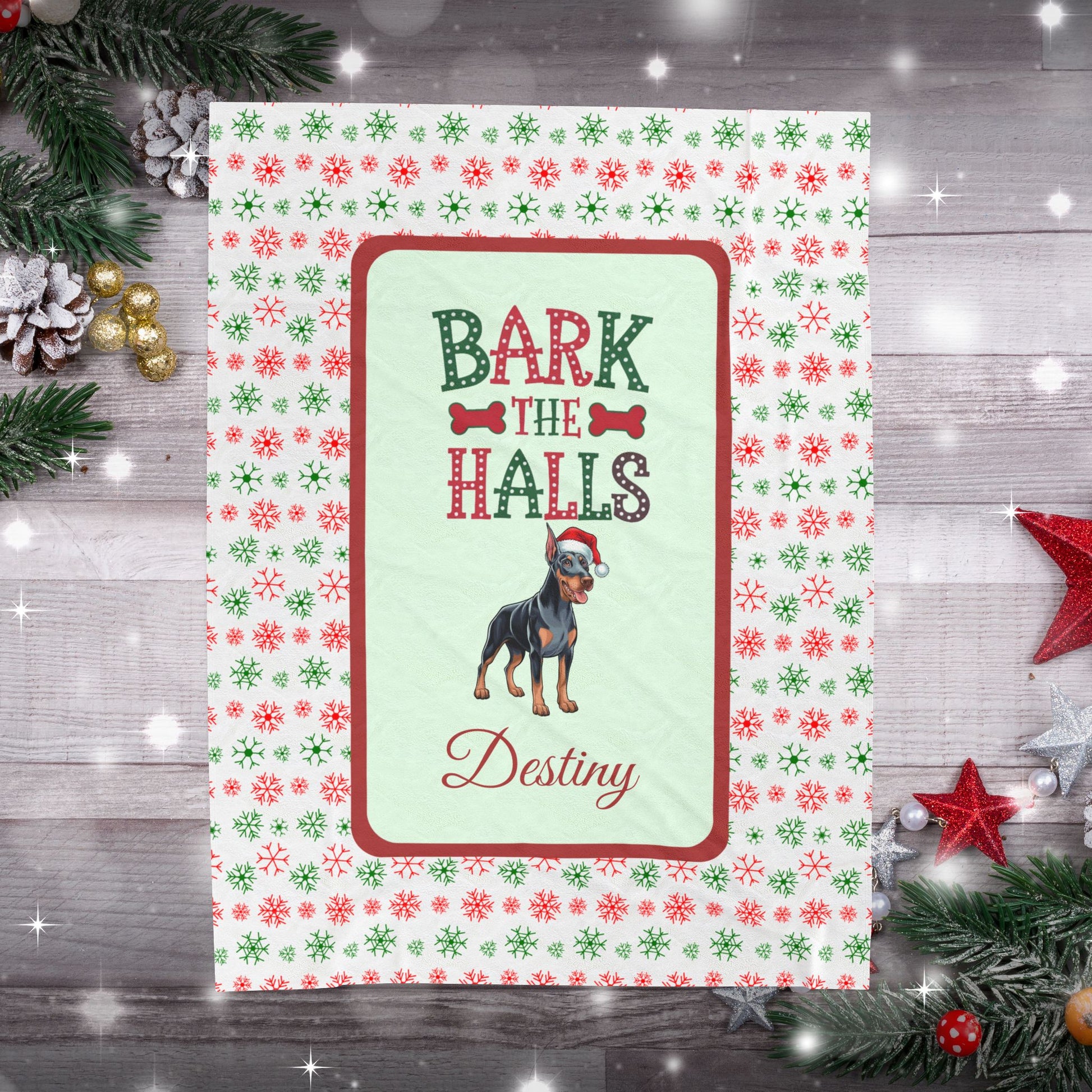 Doberman Pinscher Blue and Rust custom velveteen dog blanket Bark The Halls festive Christmas throw for pet lovers