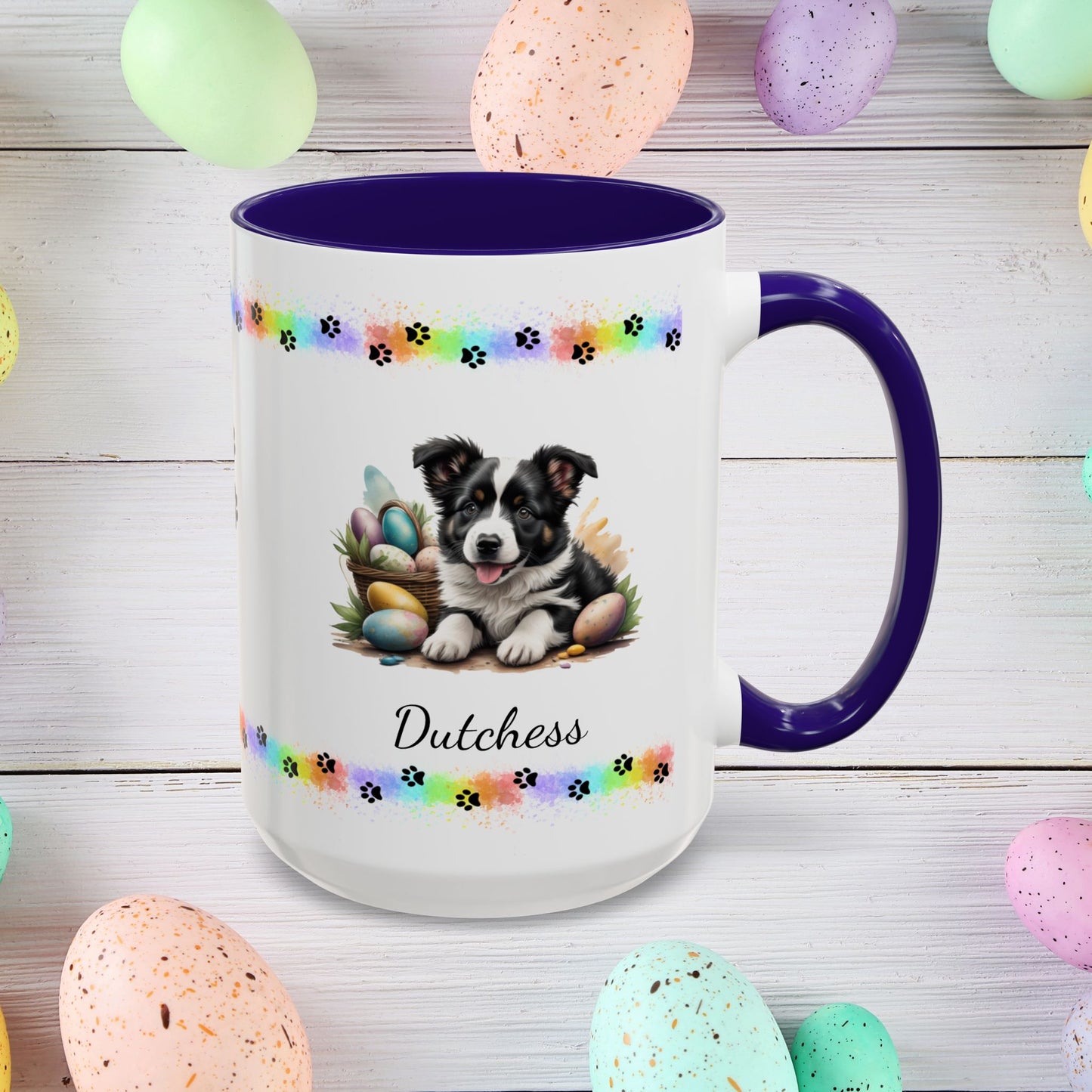 Border Collie Black & White Easter puppy coffee mug, personalized cute dog gift for mental health support