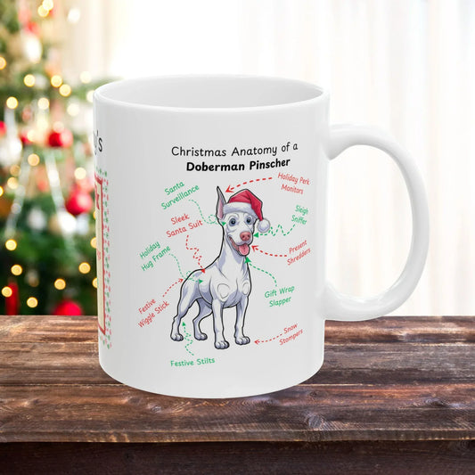 Shop our doberman pinscher white christmas anatomy mug featuring the 15oz style option from MySisterIsASurvivor.
