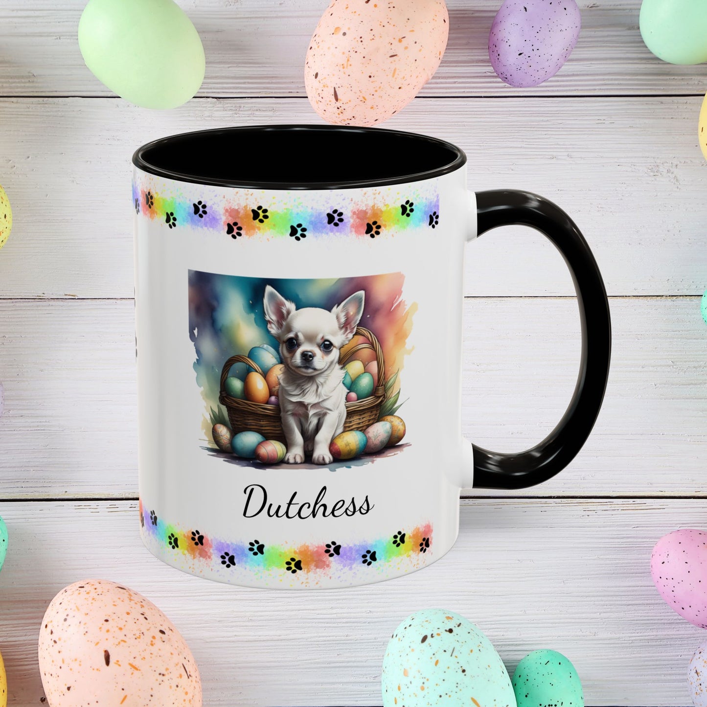 Chihuahua White personalized Easter puppy mug, cute dog coffee cup, mental health awareness gift for dog lovers