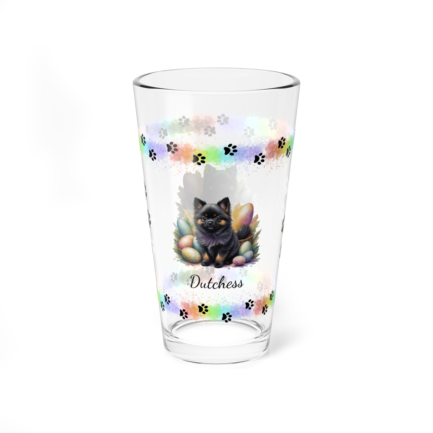 Pomeranian (Black & Tan) Personalized Easter Puppy 16oz Pint Glass - Custom Dog Design, Mental Health Gift, Easter Décor, and Festive Celebrations