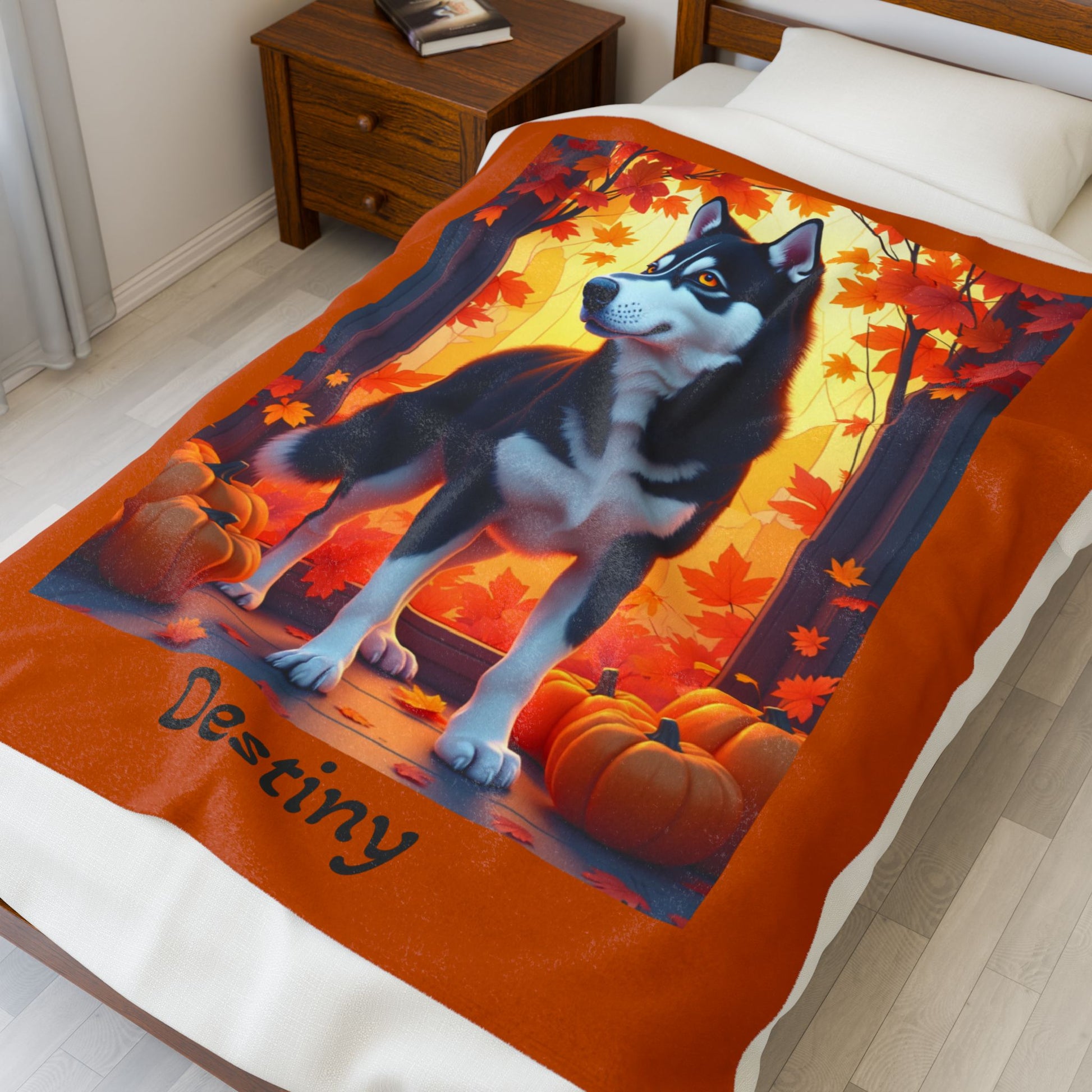Siberian Husky Black & White Coat (Amber Eyes) Velveteen Blanket, Custom Dog Lover Throw