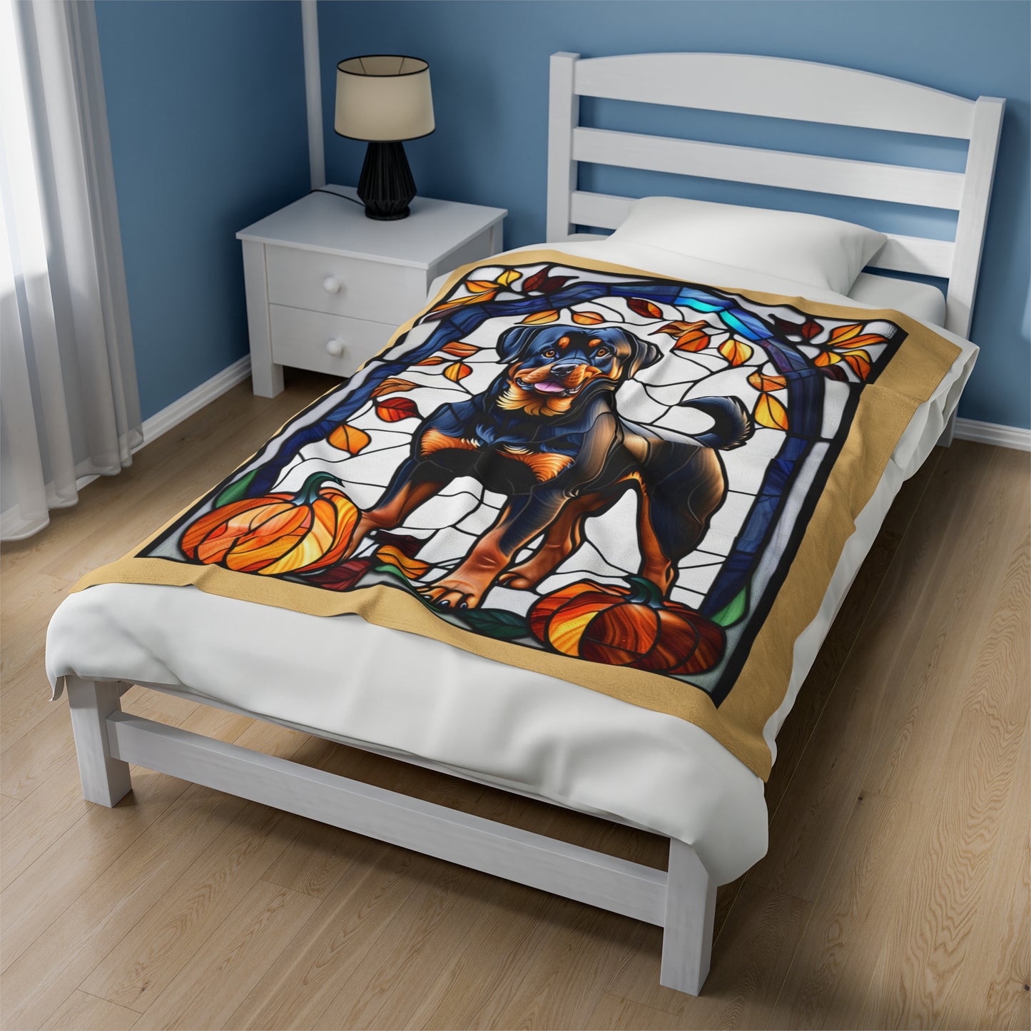 Rottweiler stained glass plush blanket in velveteen fabric, perfect cozy gift for Rottie owners