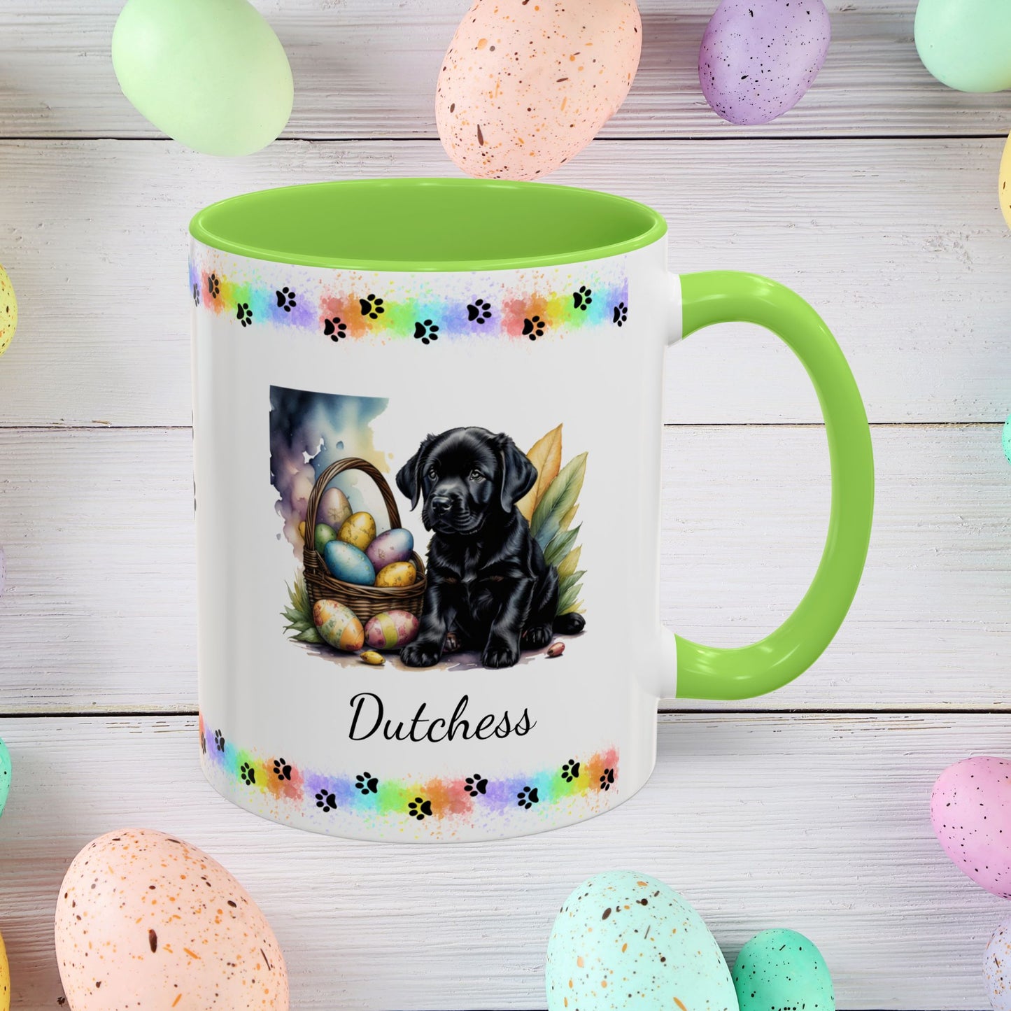 Black Labrador Easter puppy coffee mug, personalized cute dog design, mental health support and cozy sipping