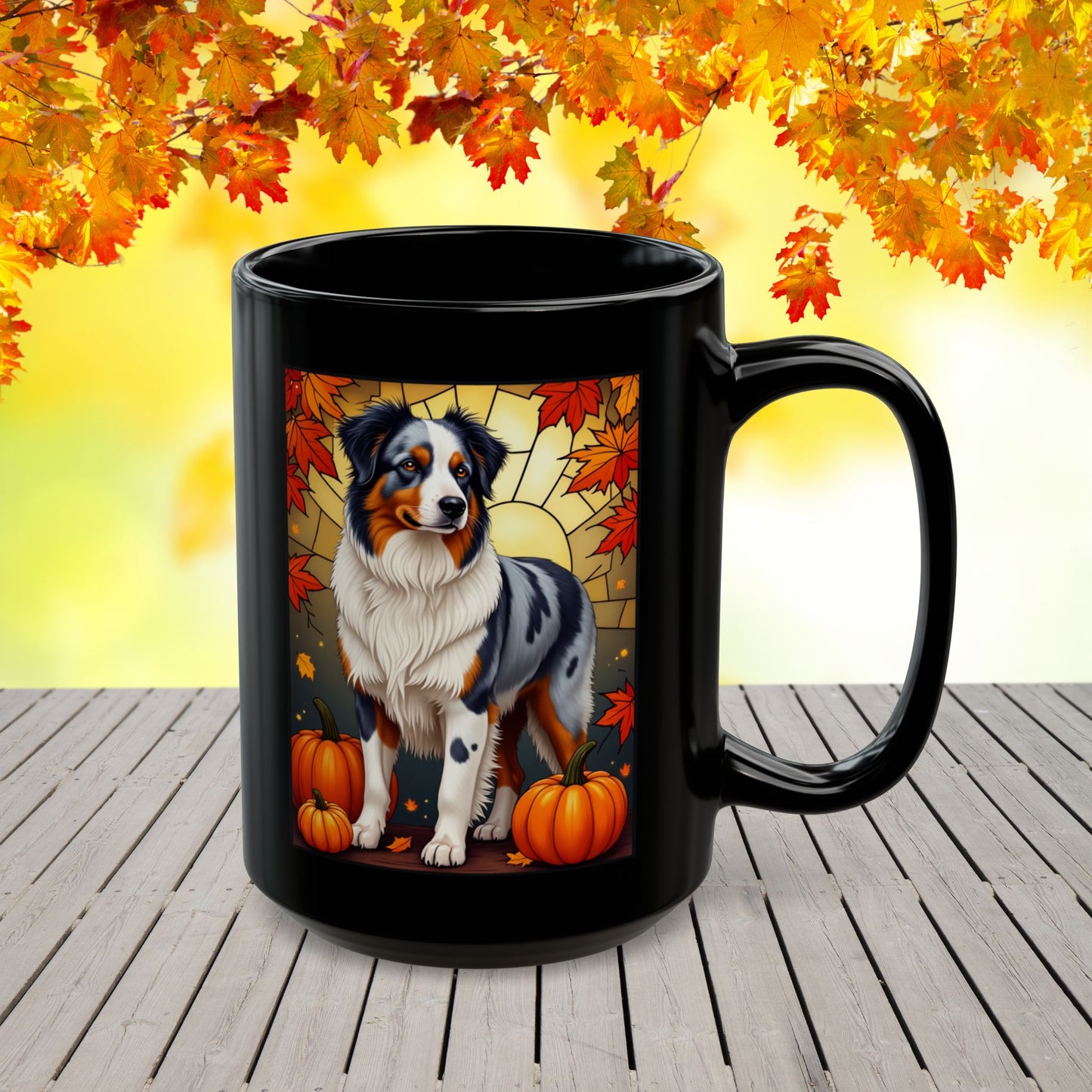 Australian Shepherd Blue Merle - Autumn black mug, personalized Aussie dog coffee cup for pet lovers